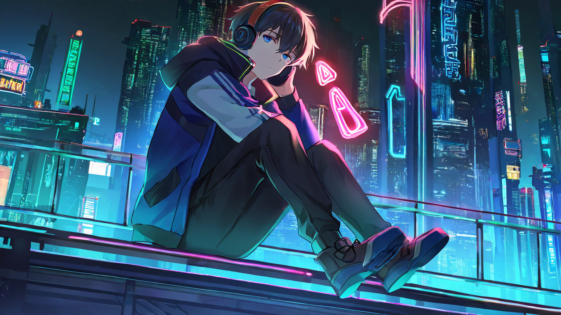 cyberpunk boy rooftop lofi wallpaper