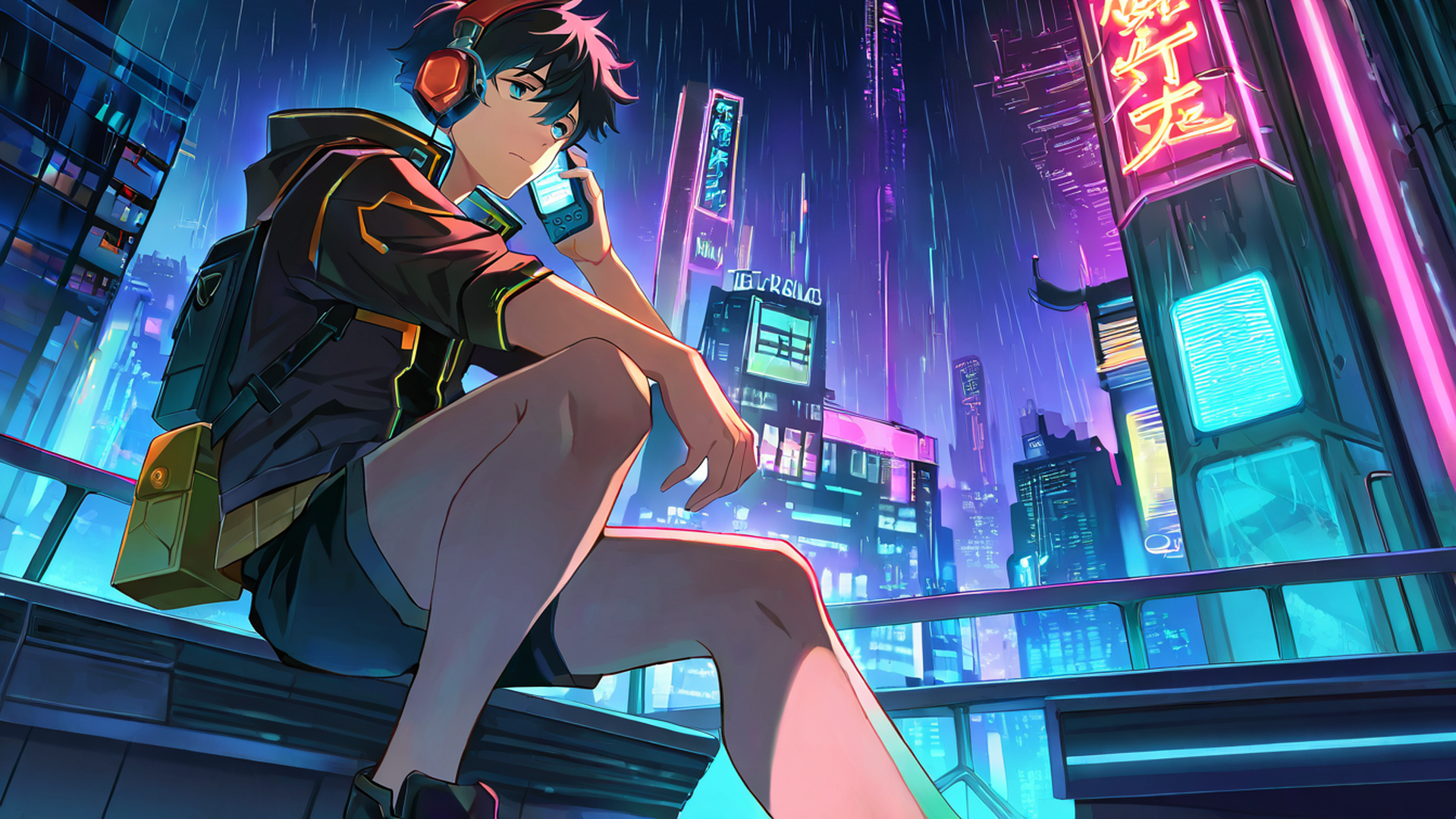 cyberpunk boy rooftop lofi wallpaper