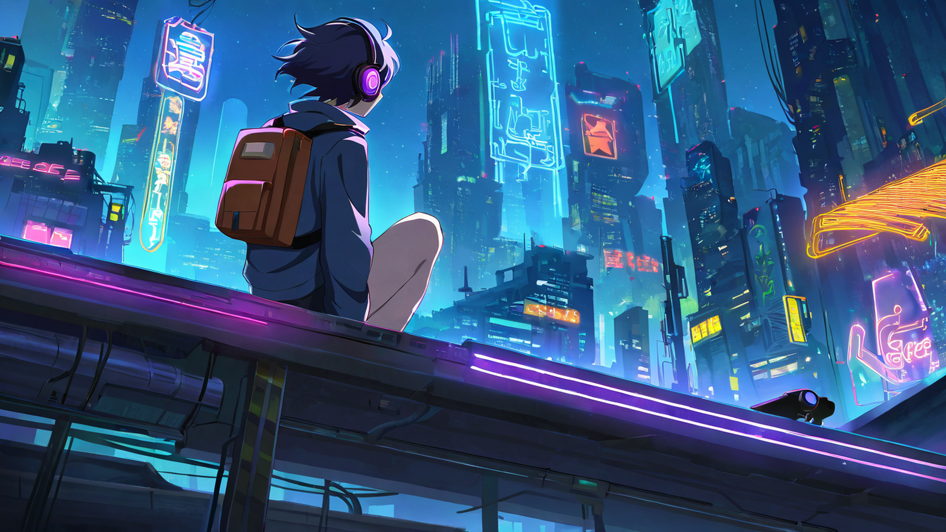 cyberpunk boy rooftop lofi wallpaper