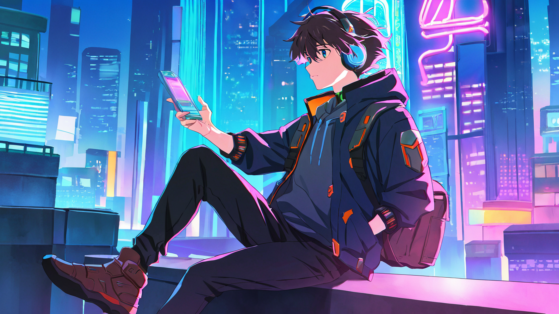 cyberpunk boy rooftop lofi wallpaper