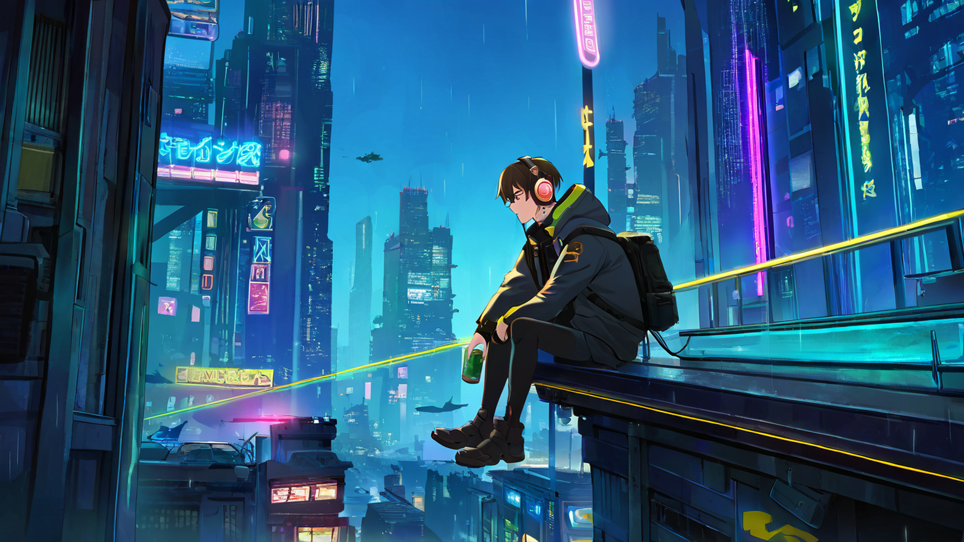 cyberpunk boy rooftop lofi wallpaper
