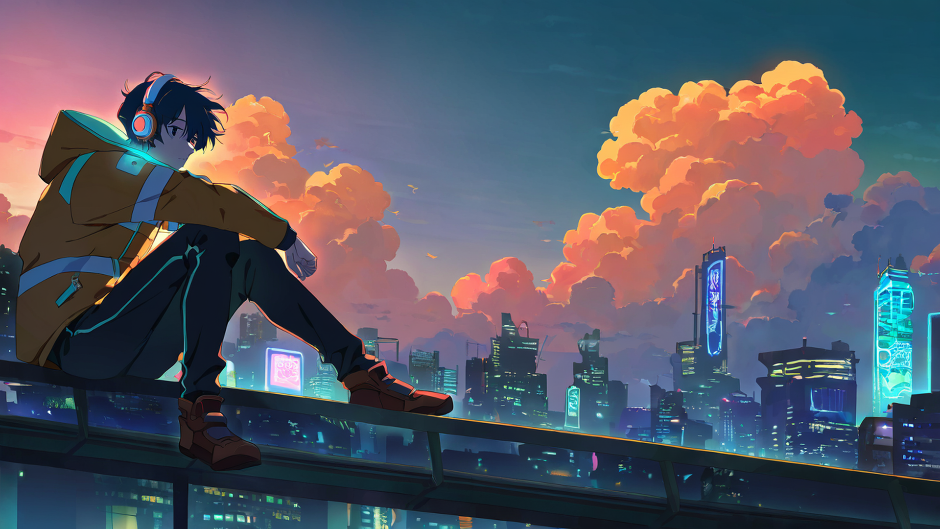 cyberpunk boy rooftop lofi wallpaper