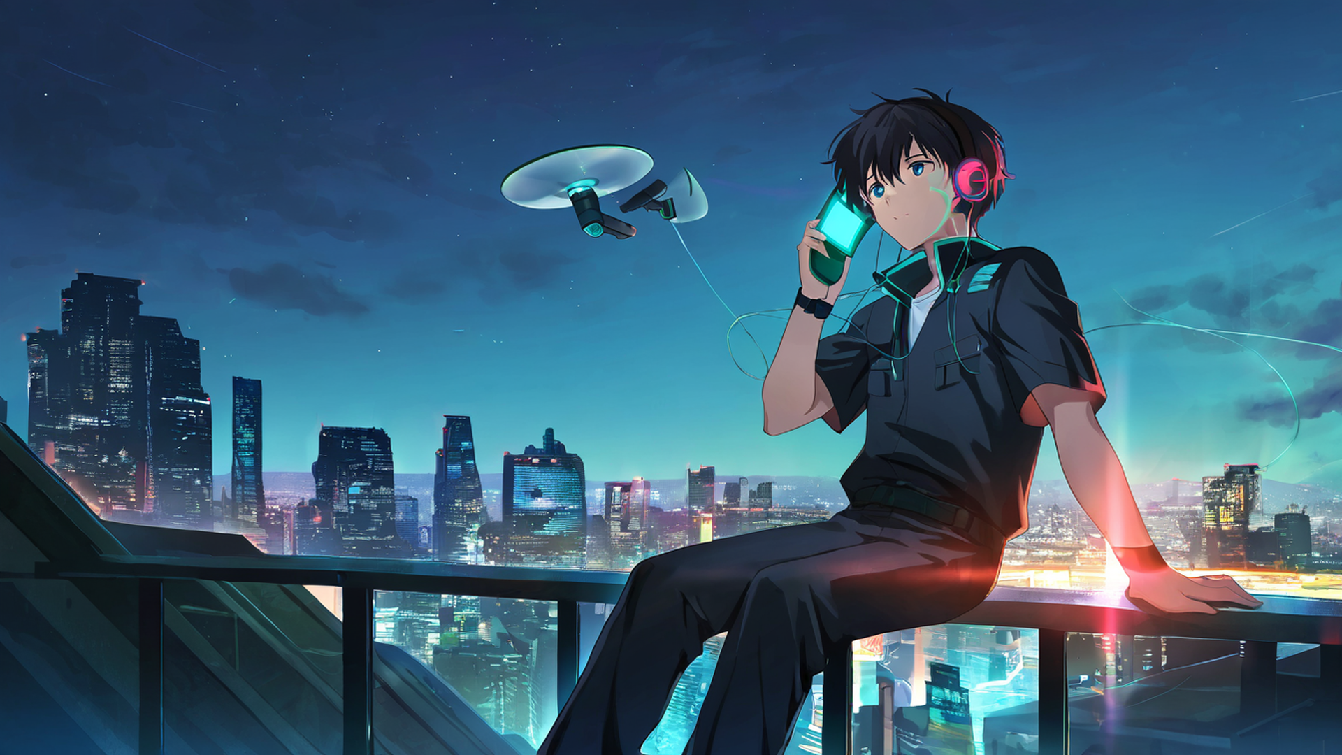 cyberpunk boy rooftop lofi wallpaper