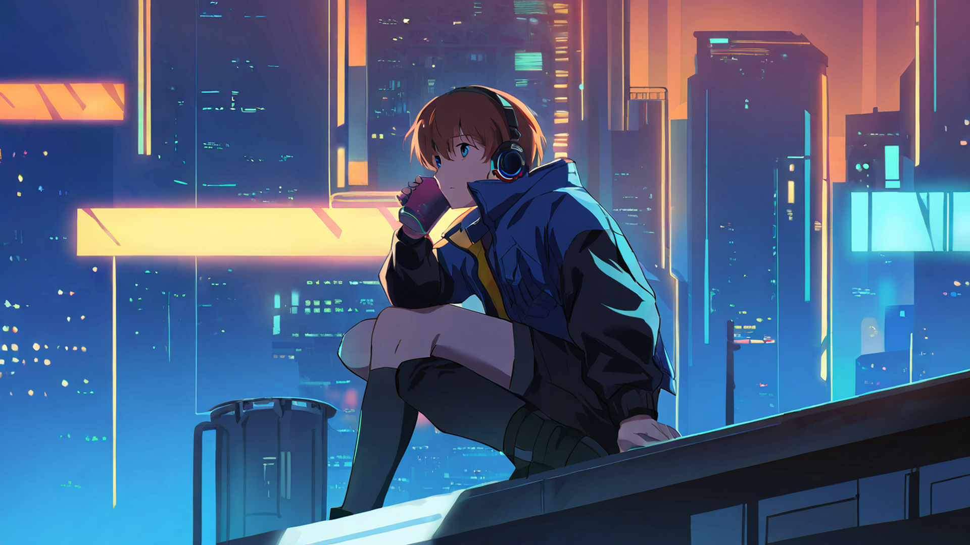 cyberpunk boy rooftop lofi wallpaper