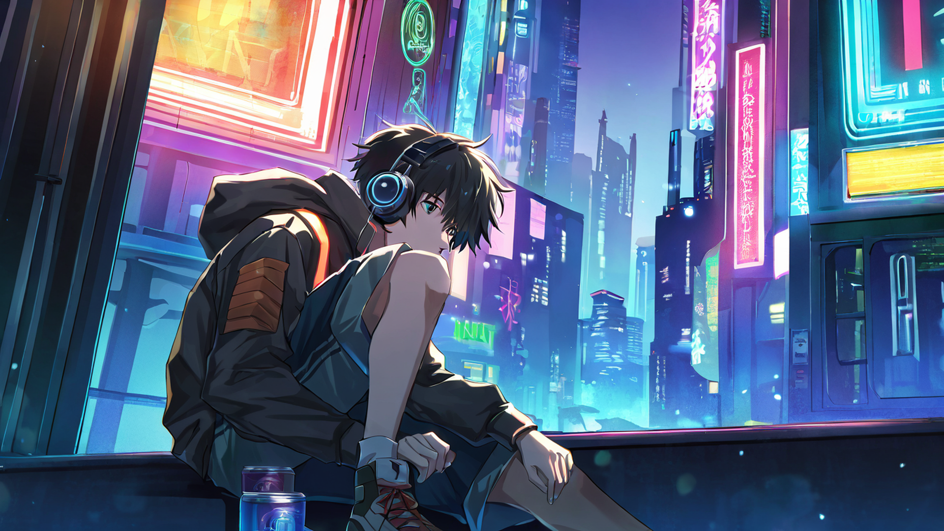 cyberpunk boy rooftop lofi wallpaper