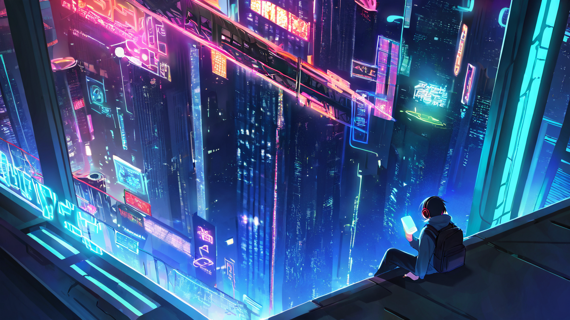 cyberpunk boy rooftop lofi wallpaper