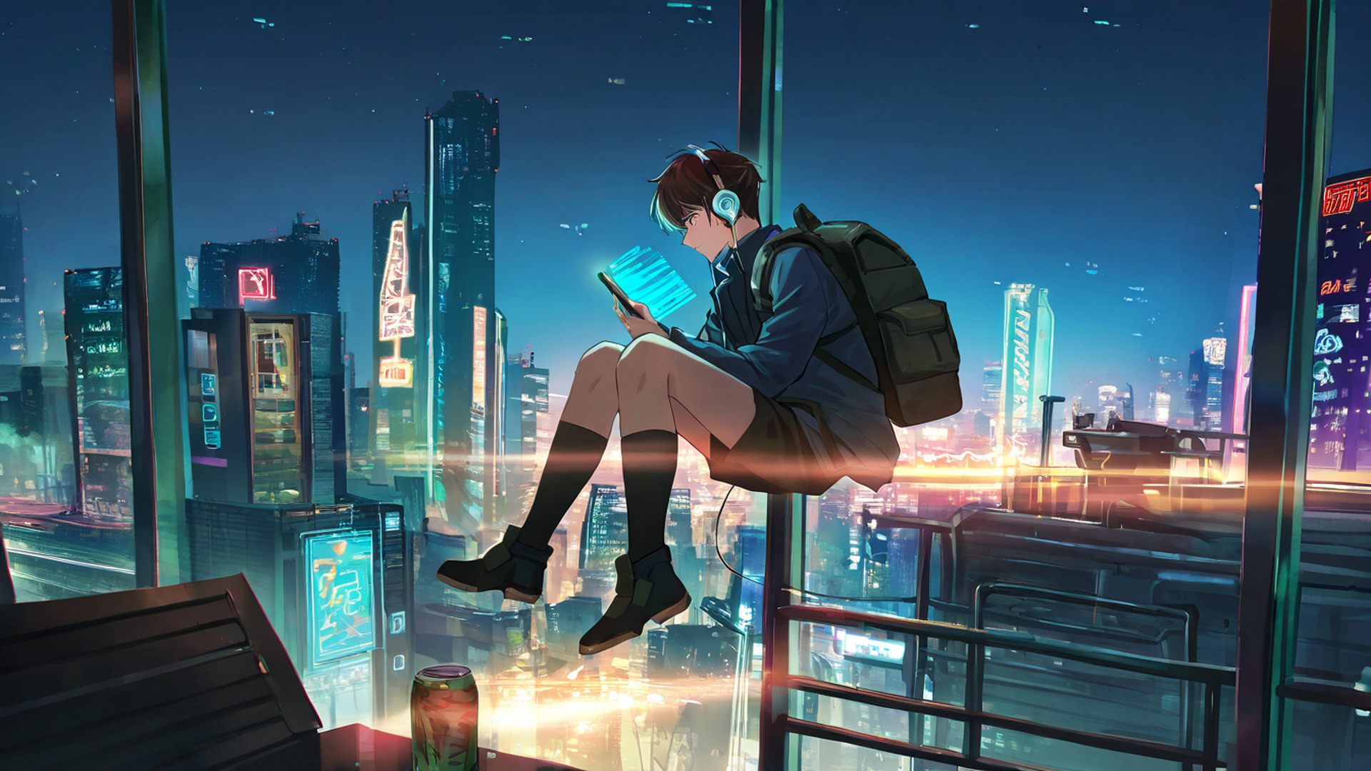 cyberpunk boy rooftop lofi wallpaper