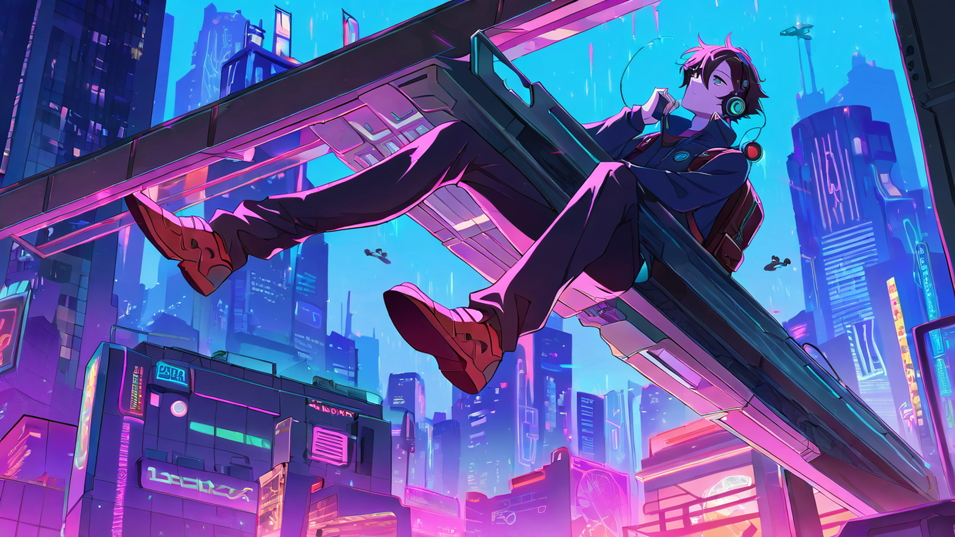 cyberpunk boy rooftop lofi wallpaper