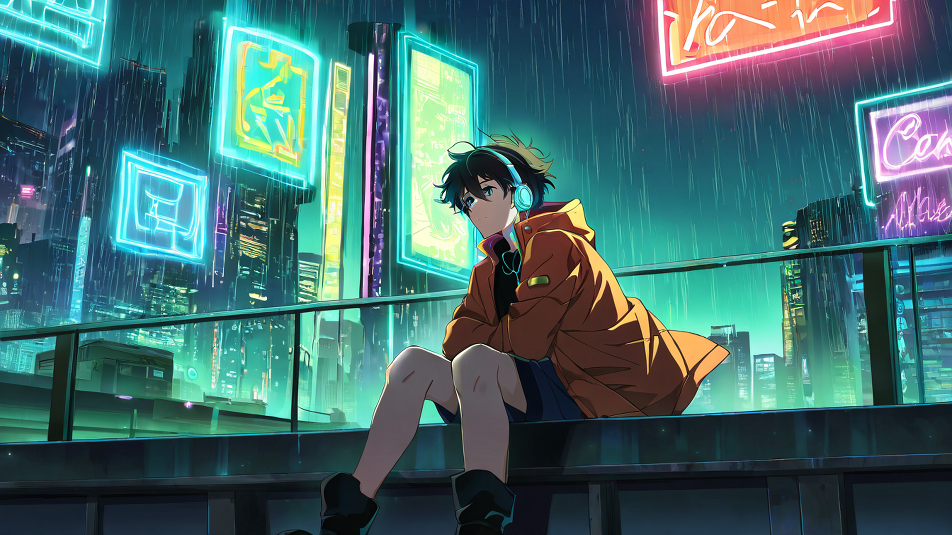 cyberpunk boy rooftop lofi wallpaper
