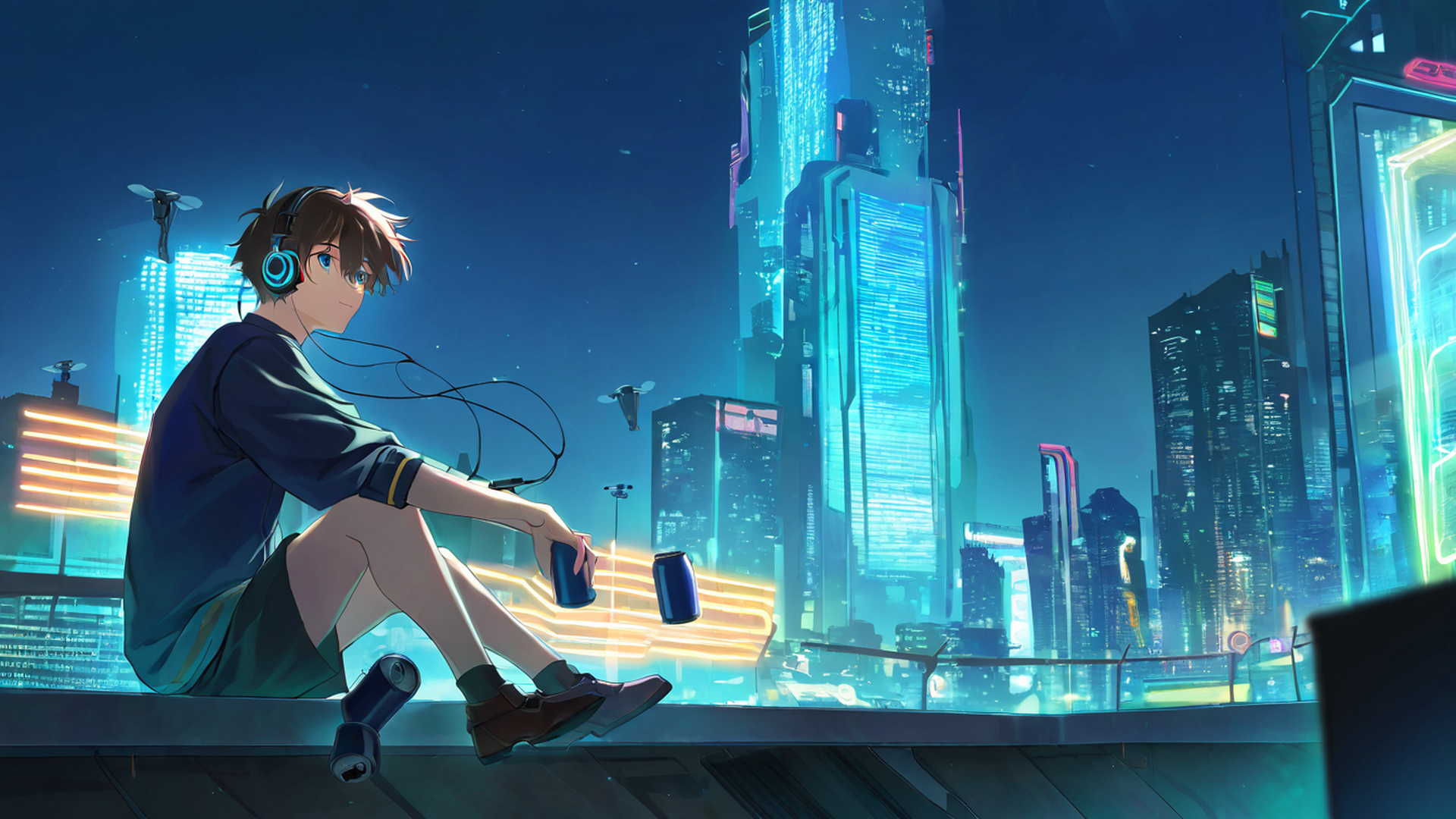 cyberpunk boy rooftop lofi wallpaper