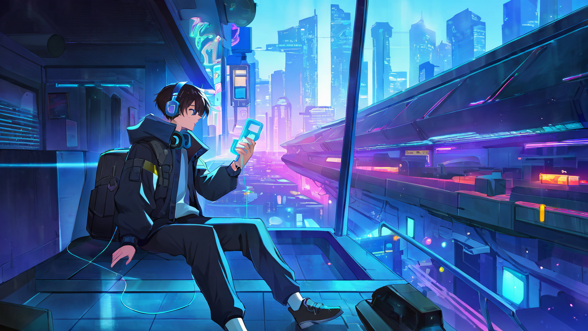 cyberpunk boy rooftop lofi wallpaper