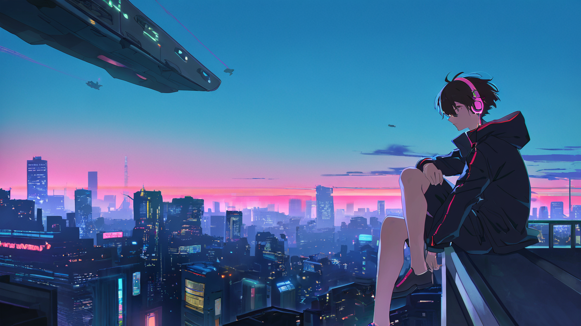 cyberpunk boy rooftop lofi wallpaper