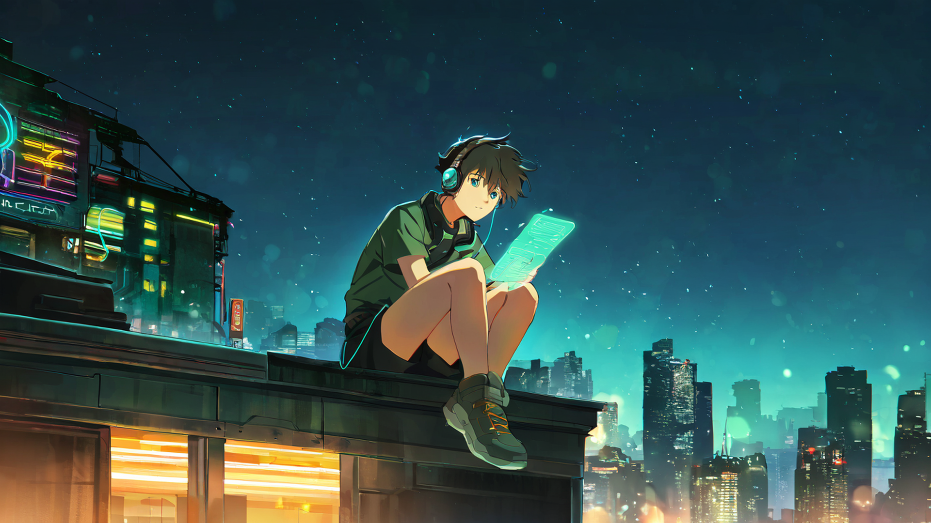 cyberpunk boy rooftop lofi wallpaper