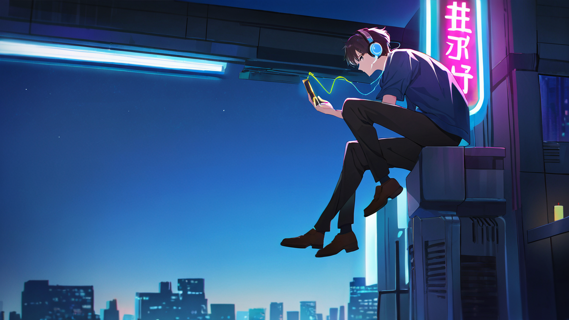 cyberpunk boy rooftop lofi wallpaper