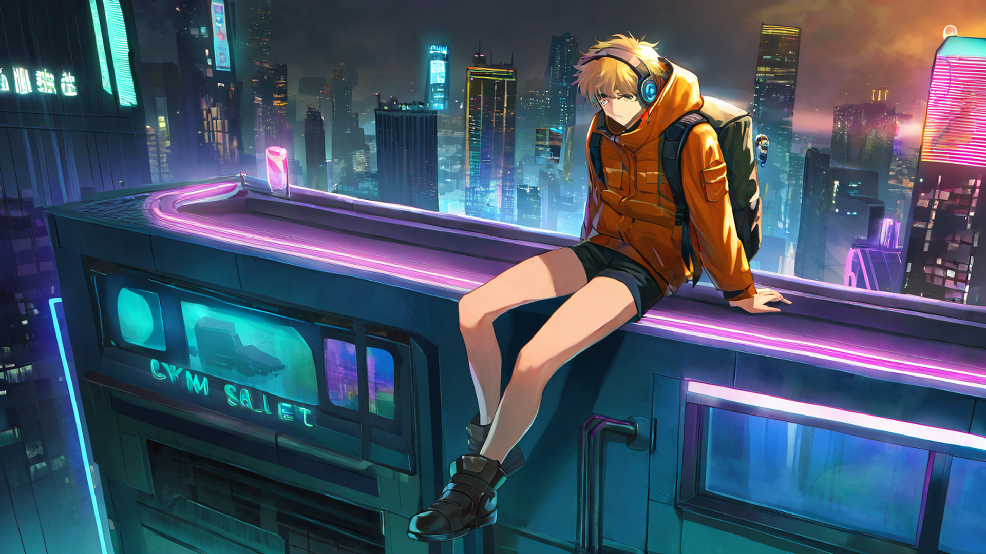 cyberpunk boy rooftop lofi wallpaper