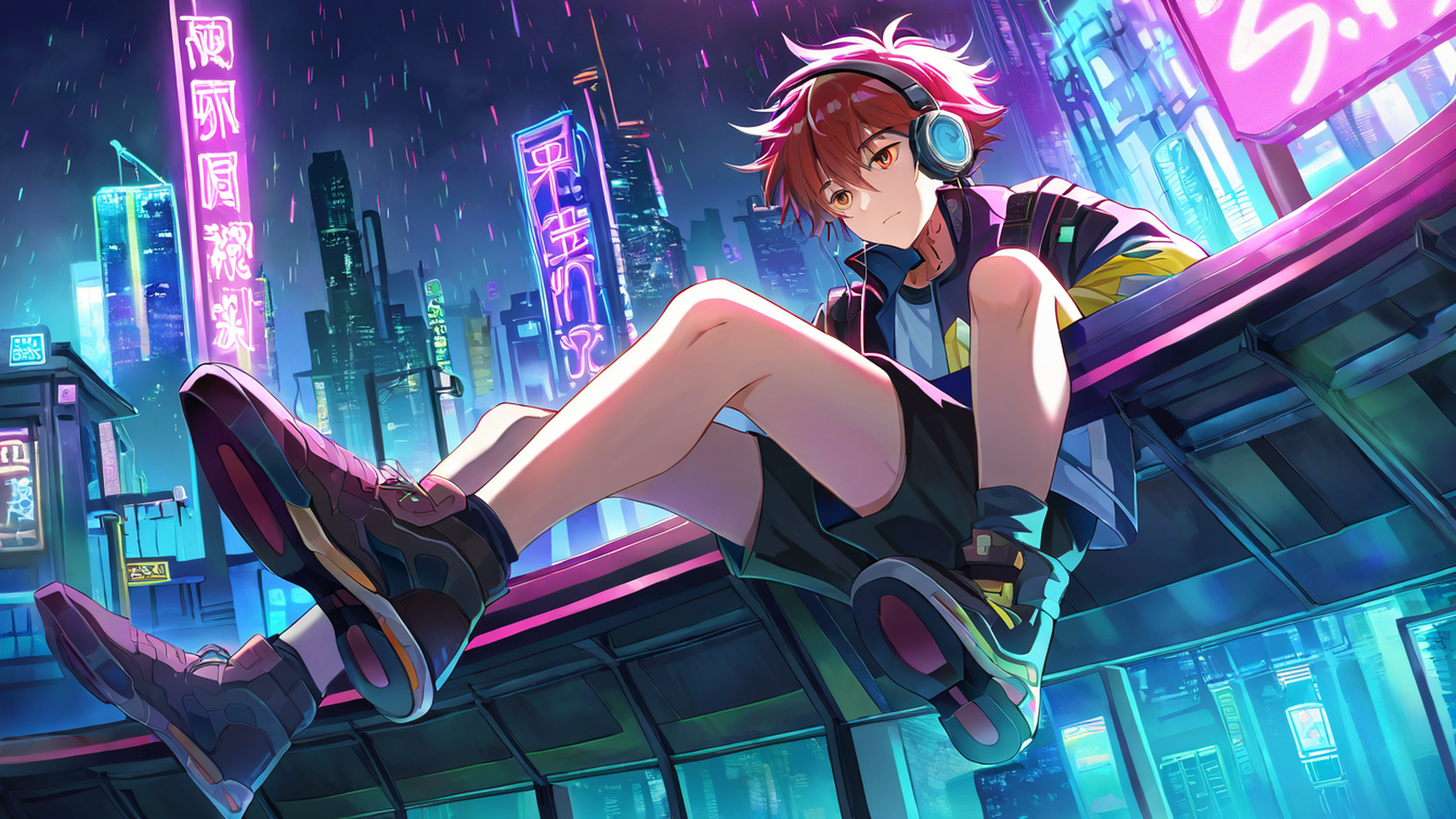 cyberpunk boy rooftop lofi wallpaper