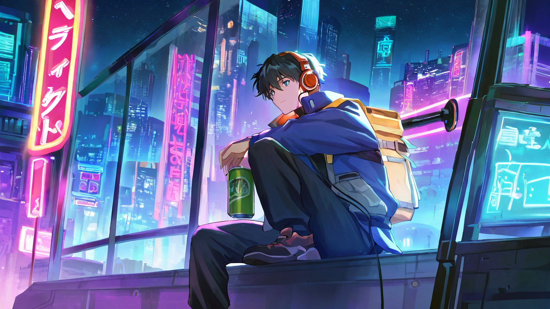 cyberpunk boy rooftop lofi wallpaper