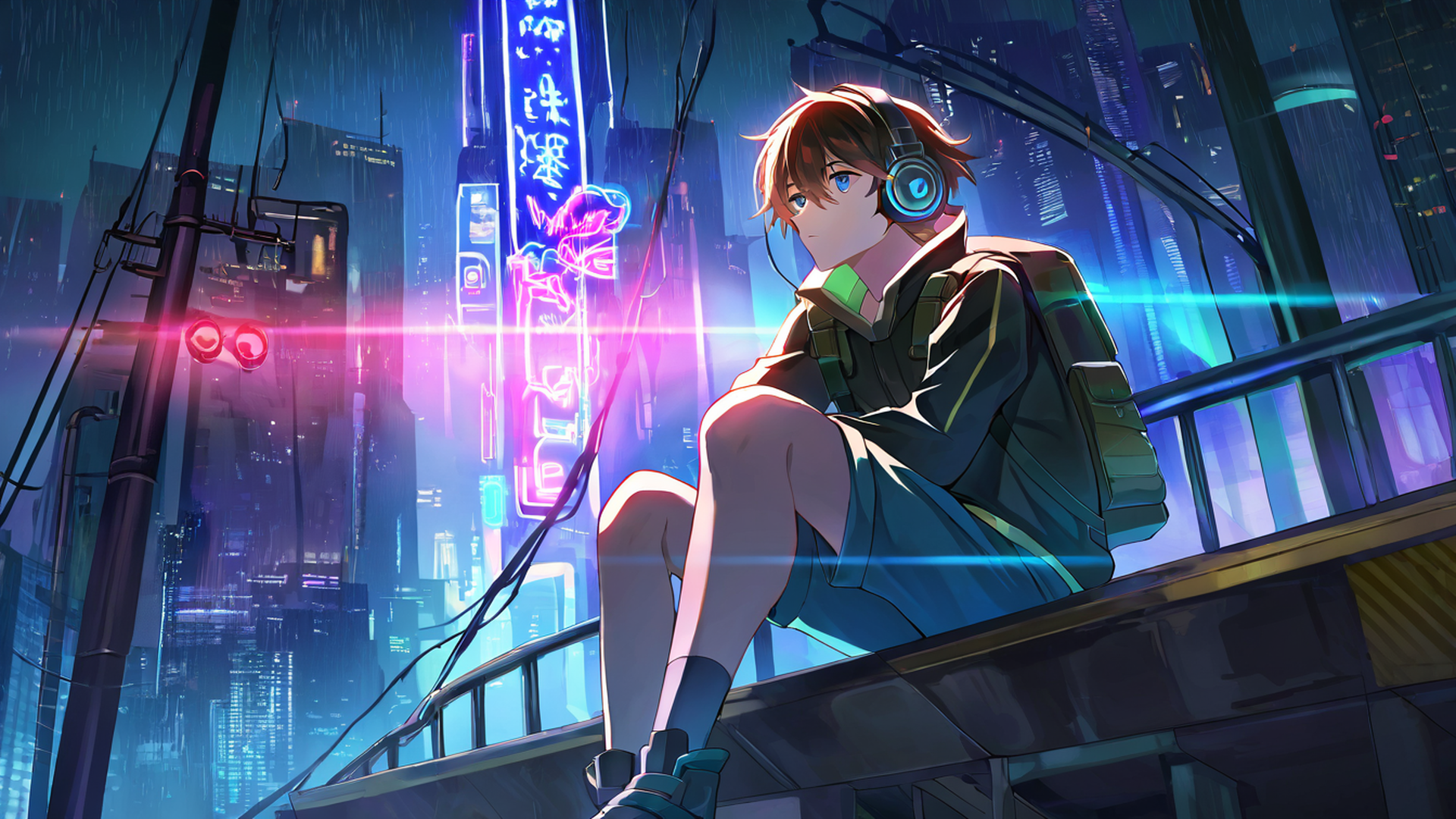 cyberpunk boy rooftop lofi wallpaper