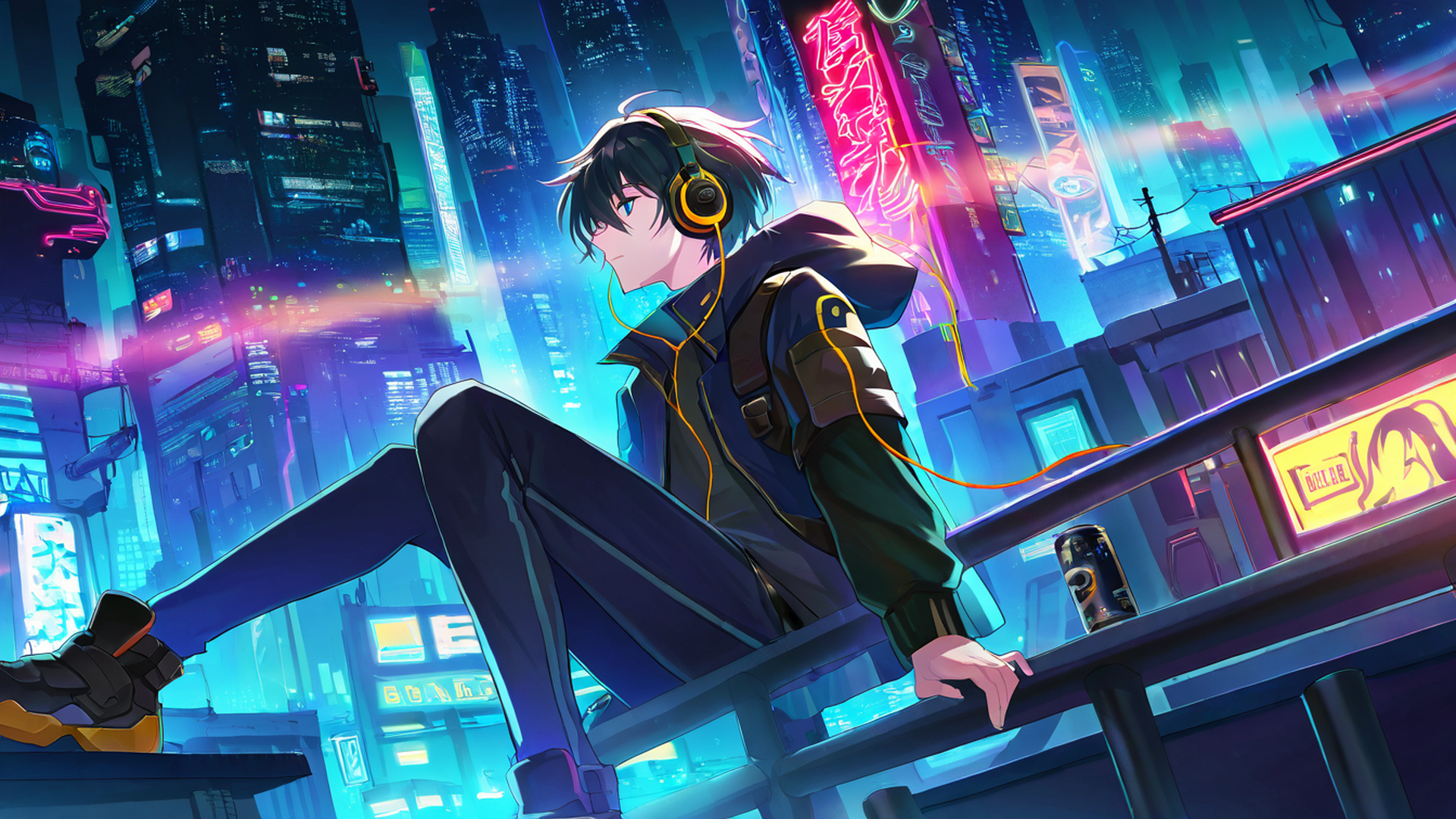 cyberpunk boy rooftop lofi wallpaper