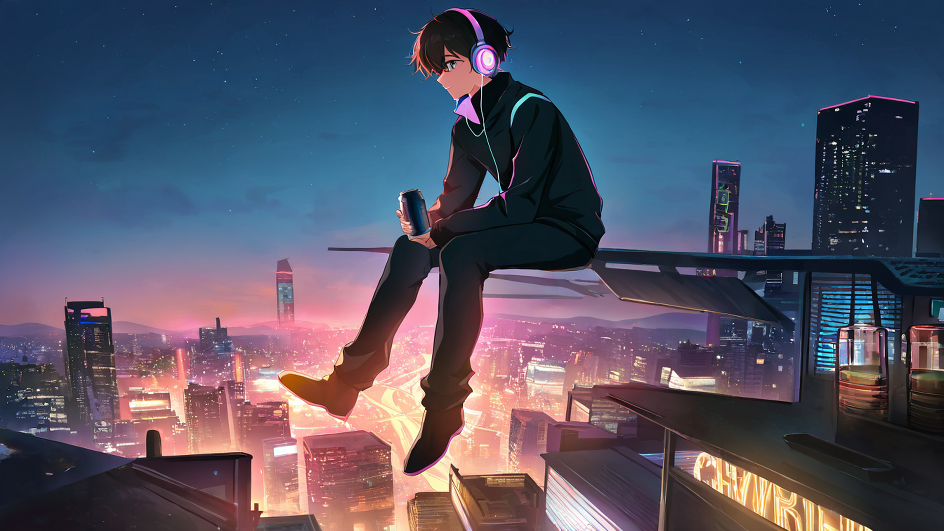 cyberpunk boy rooftop lofi wallpaper