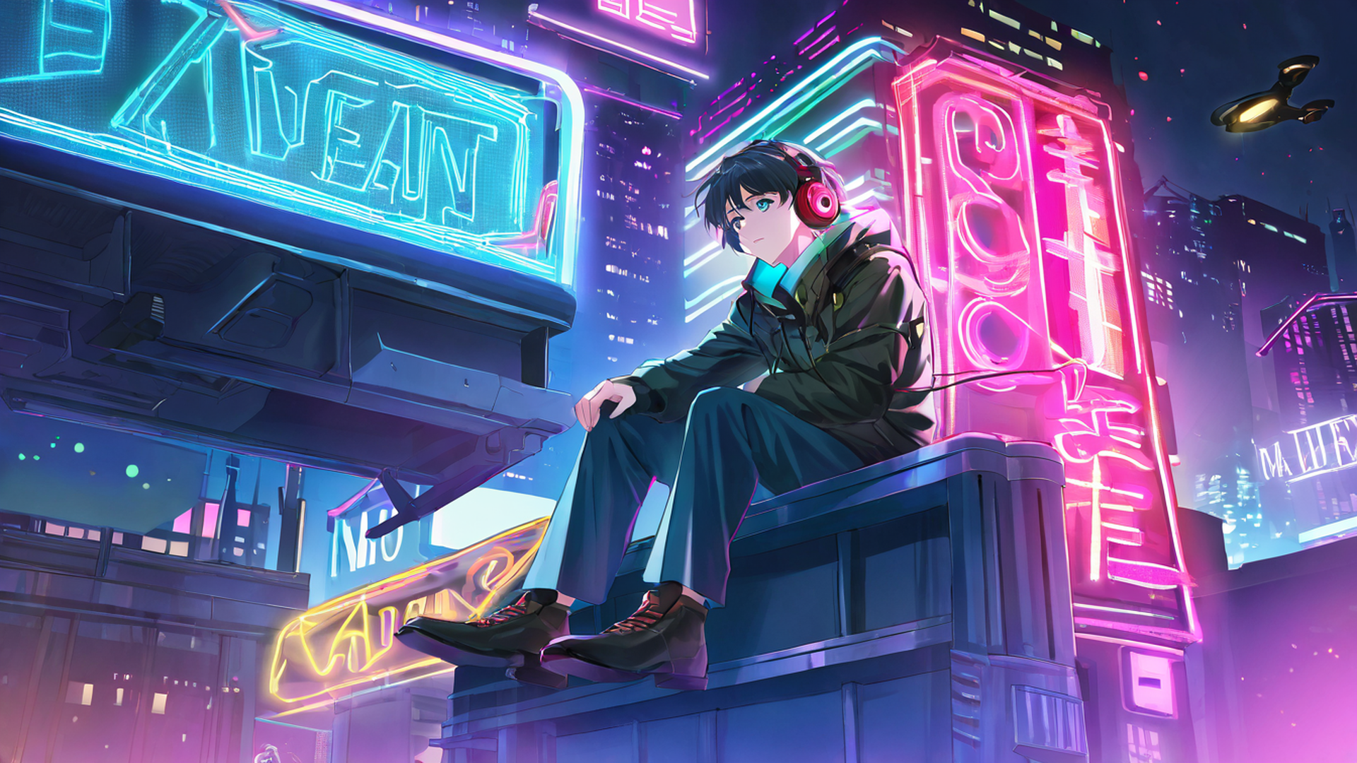 cyberpunk boy rooftop lofi wallpaper