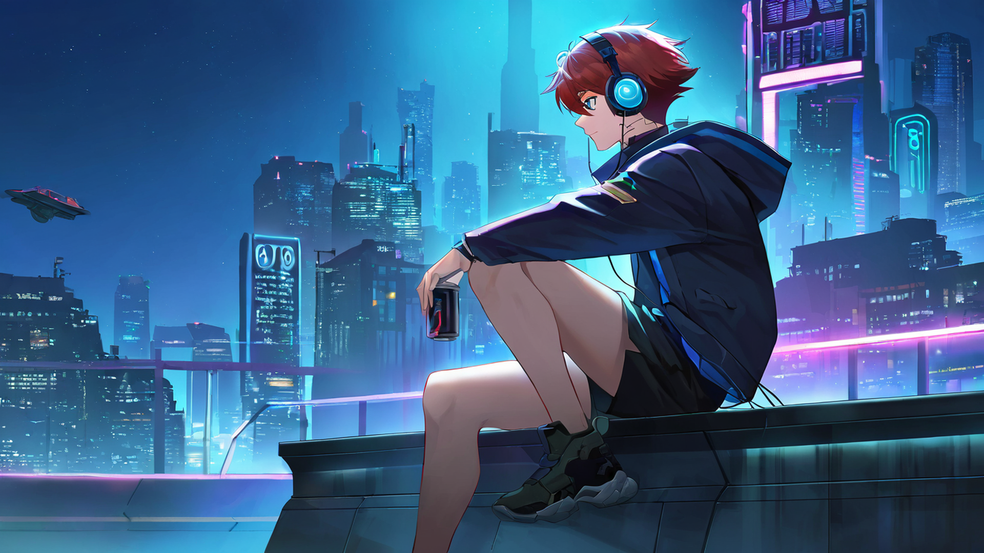 cyberpunk boy rooftop lofi wallpaper