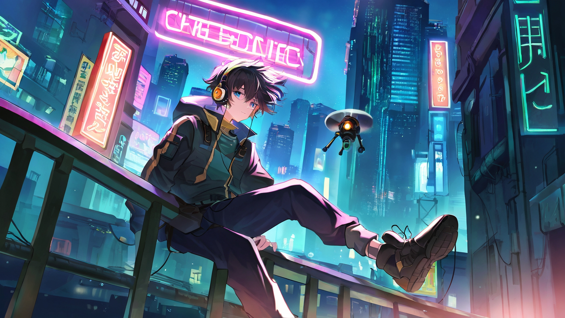 cyberpunk boy rooftop lofi wallpaper