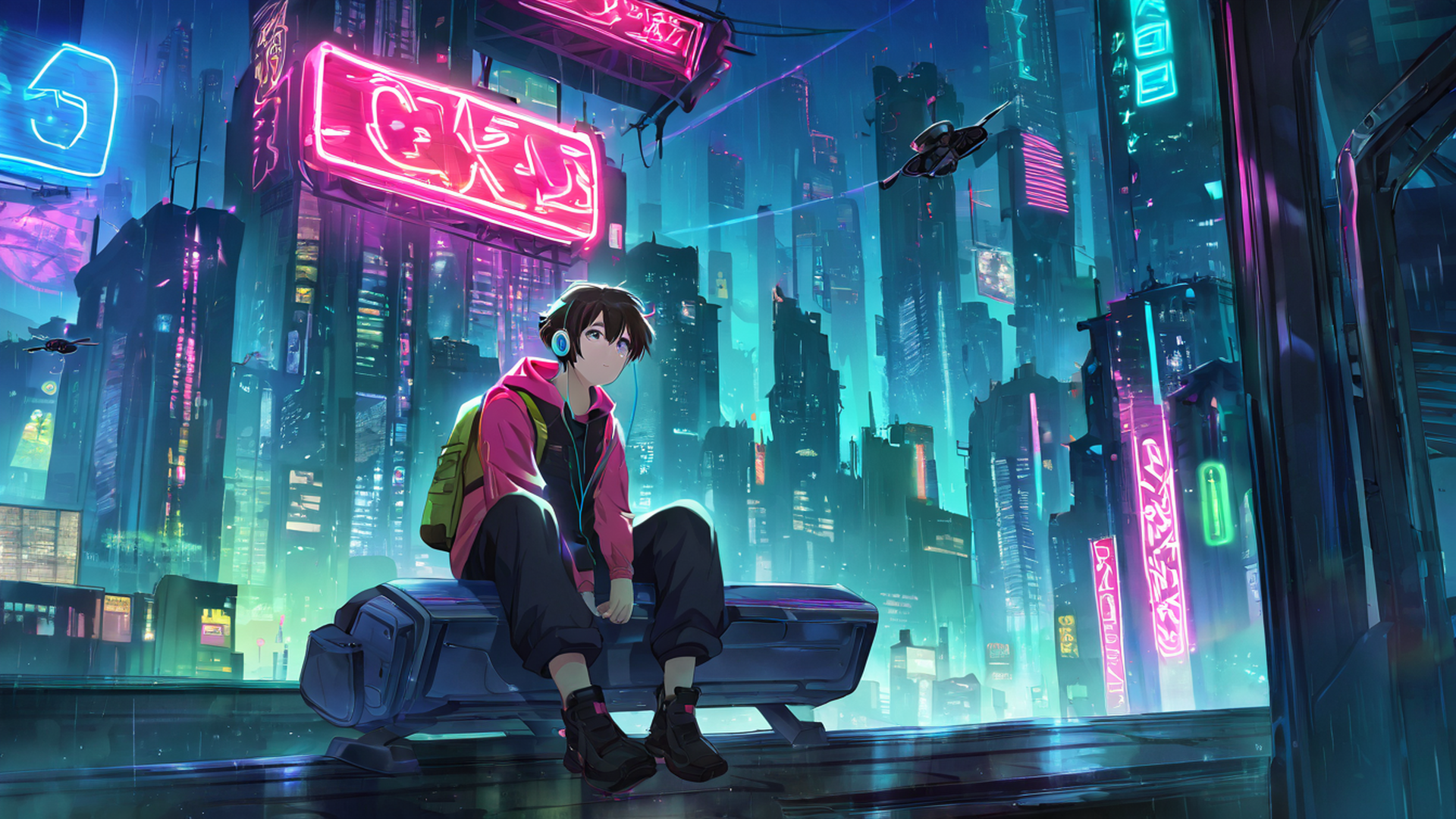 cyberpunk boy rooftop lofi wallpaper