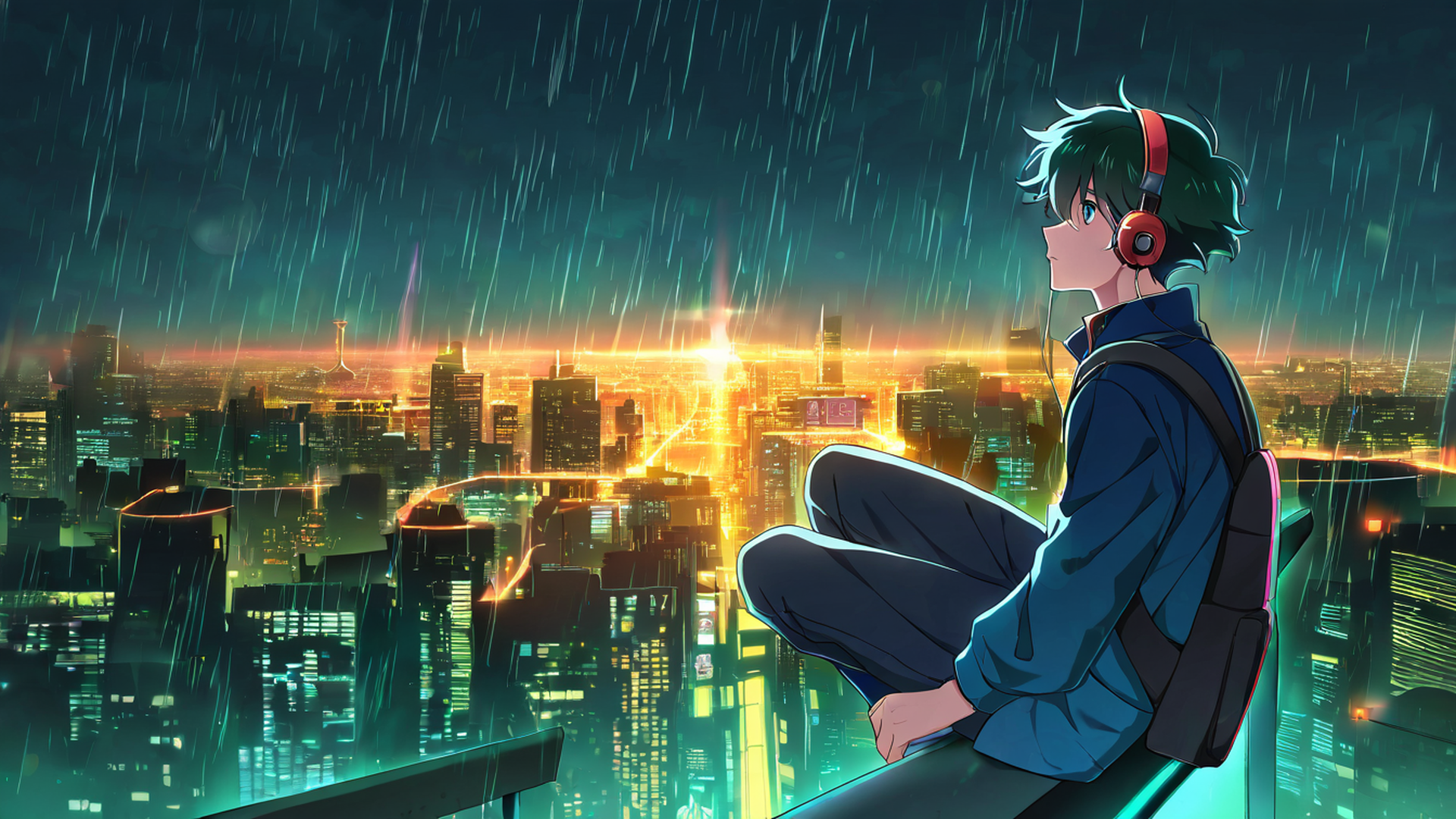 cyberpunk boy rooftop lofi wallpaper