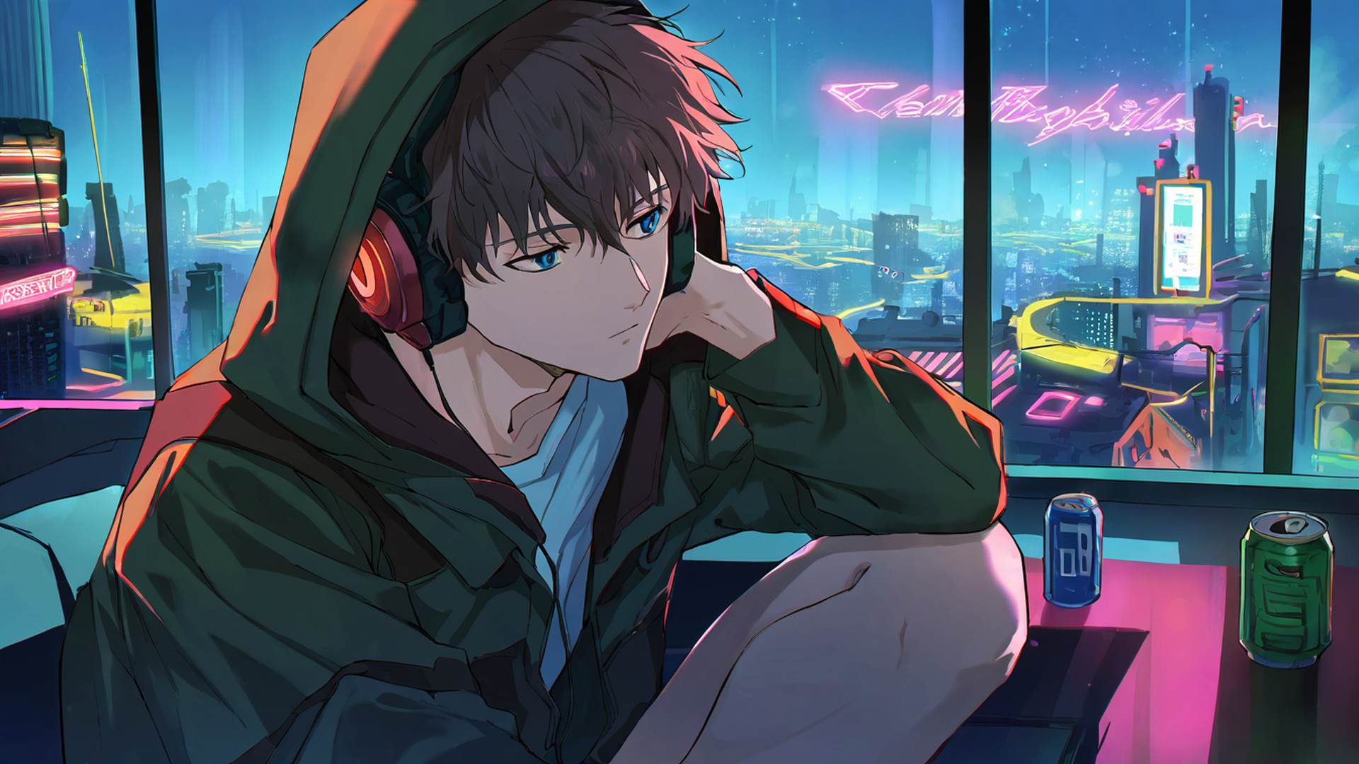 cyberpunk boy rooftop lofi wallpaper