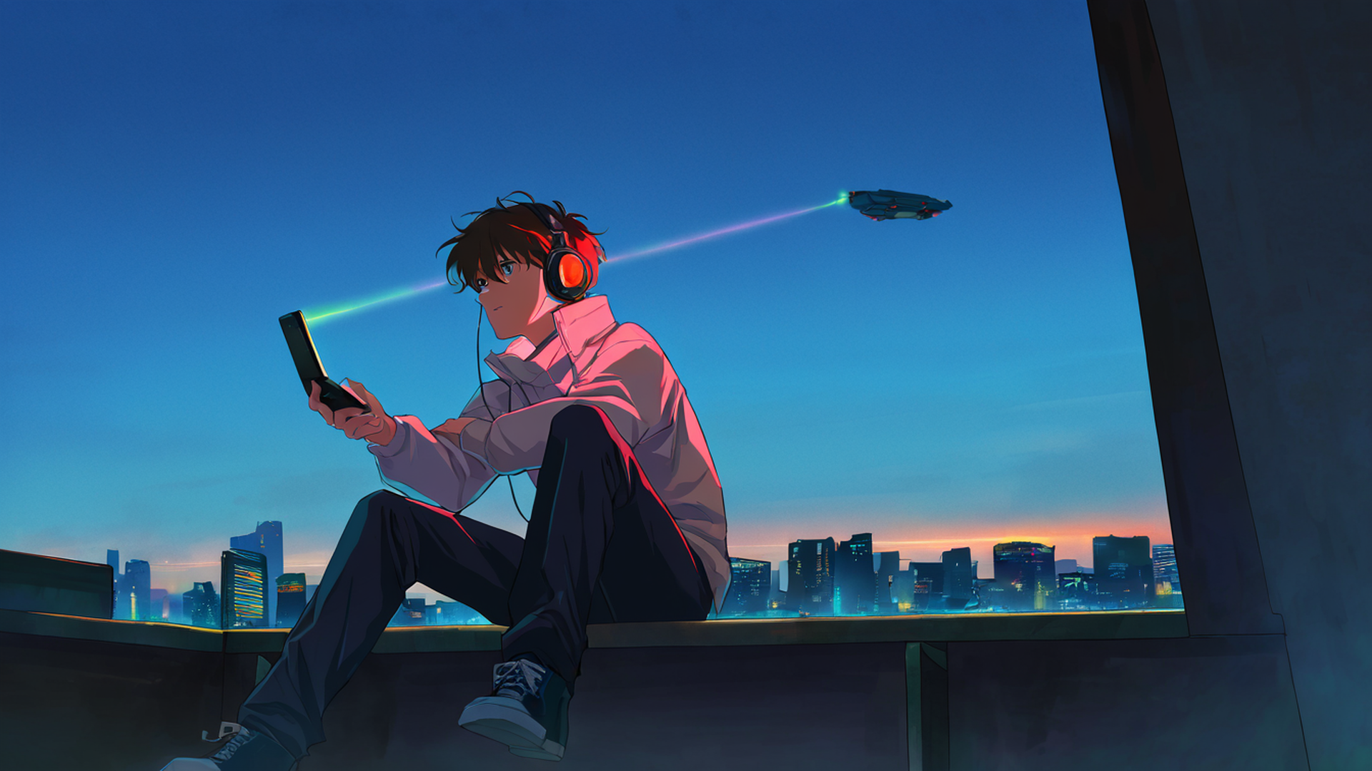 cyberpunk boy rooftop lofi wallpaper