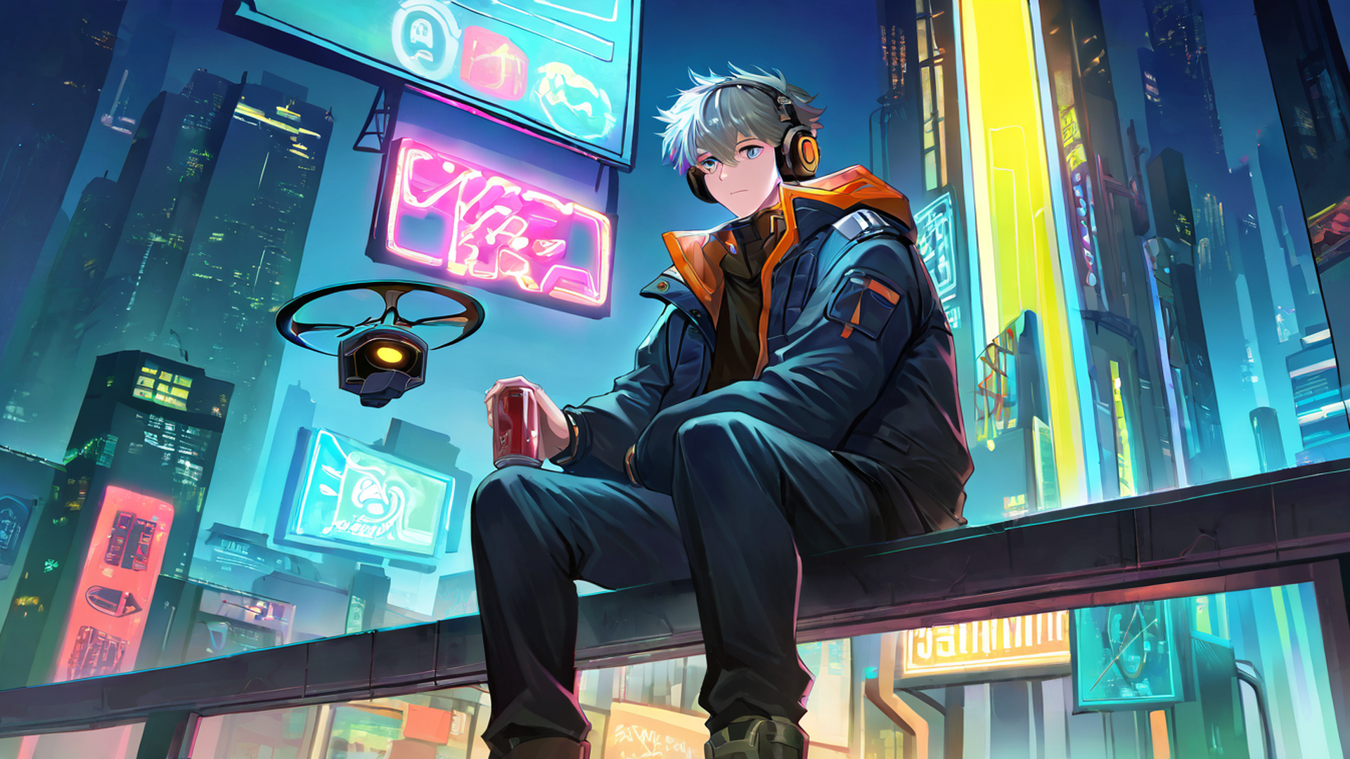 cyberpunk boy rooftop lofi wallpaper
