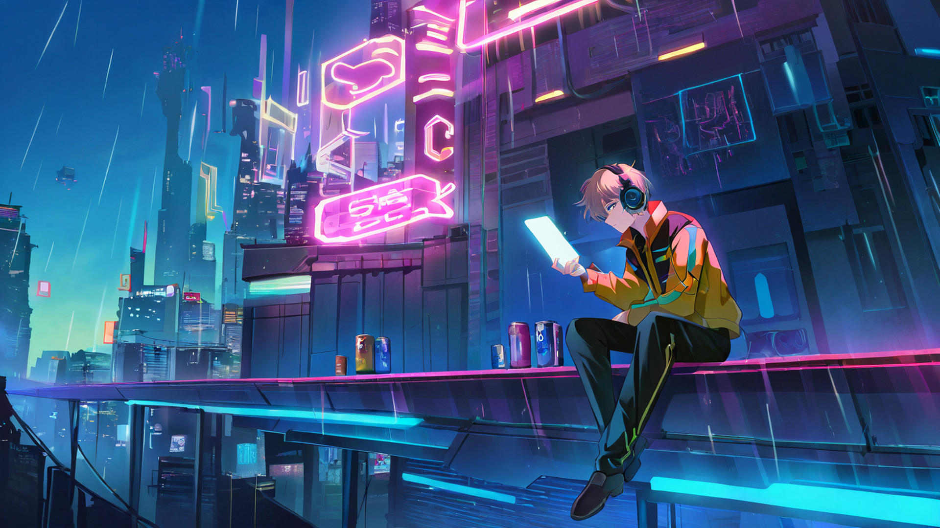 cyberpunk boy rooftop lofi wallpaper