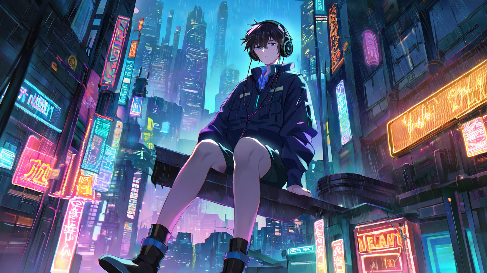 cyberpunk boy rooftop lofi wallpaper