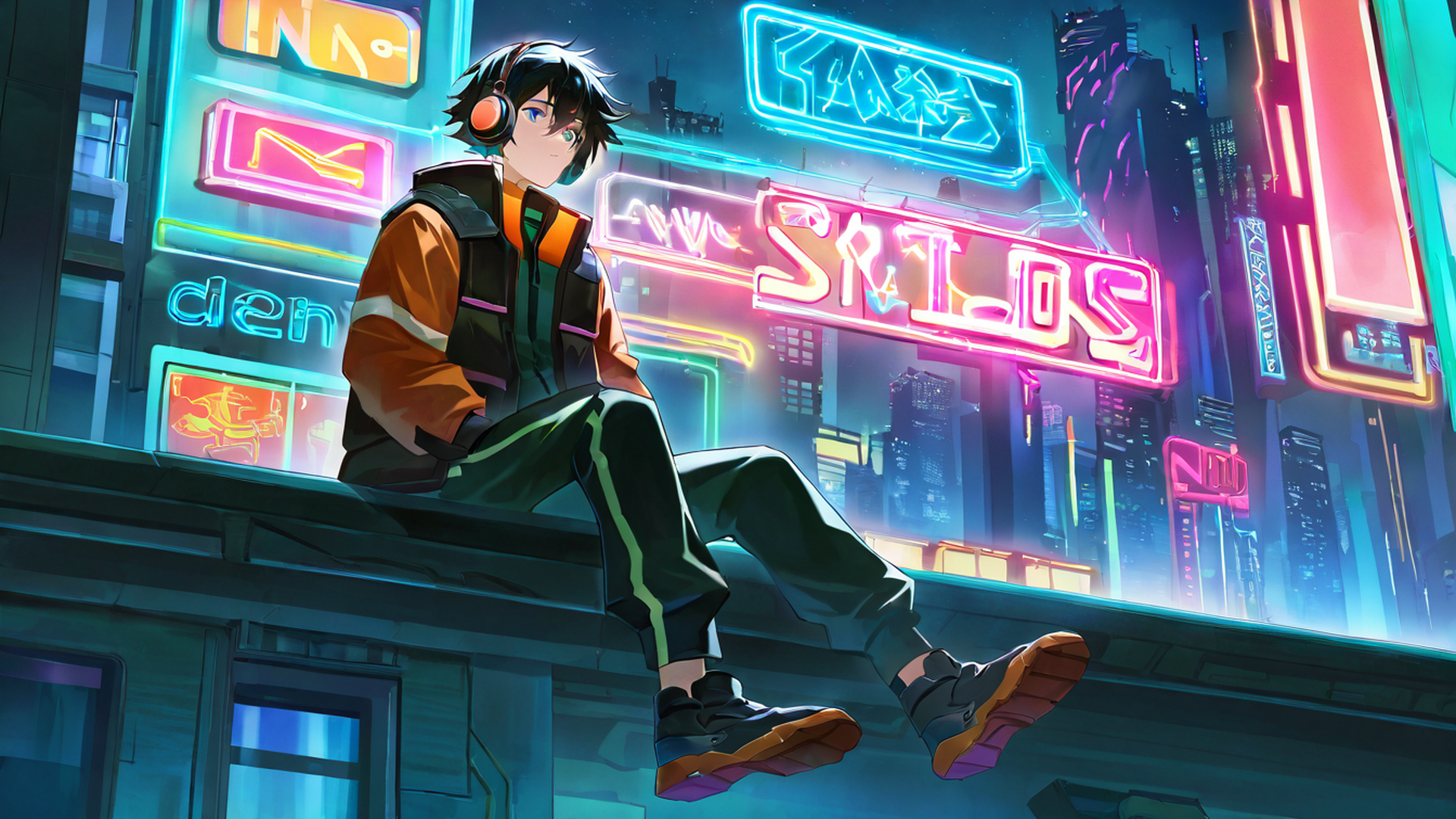 cyberpunk boy rooftop lofi wallpaper