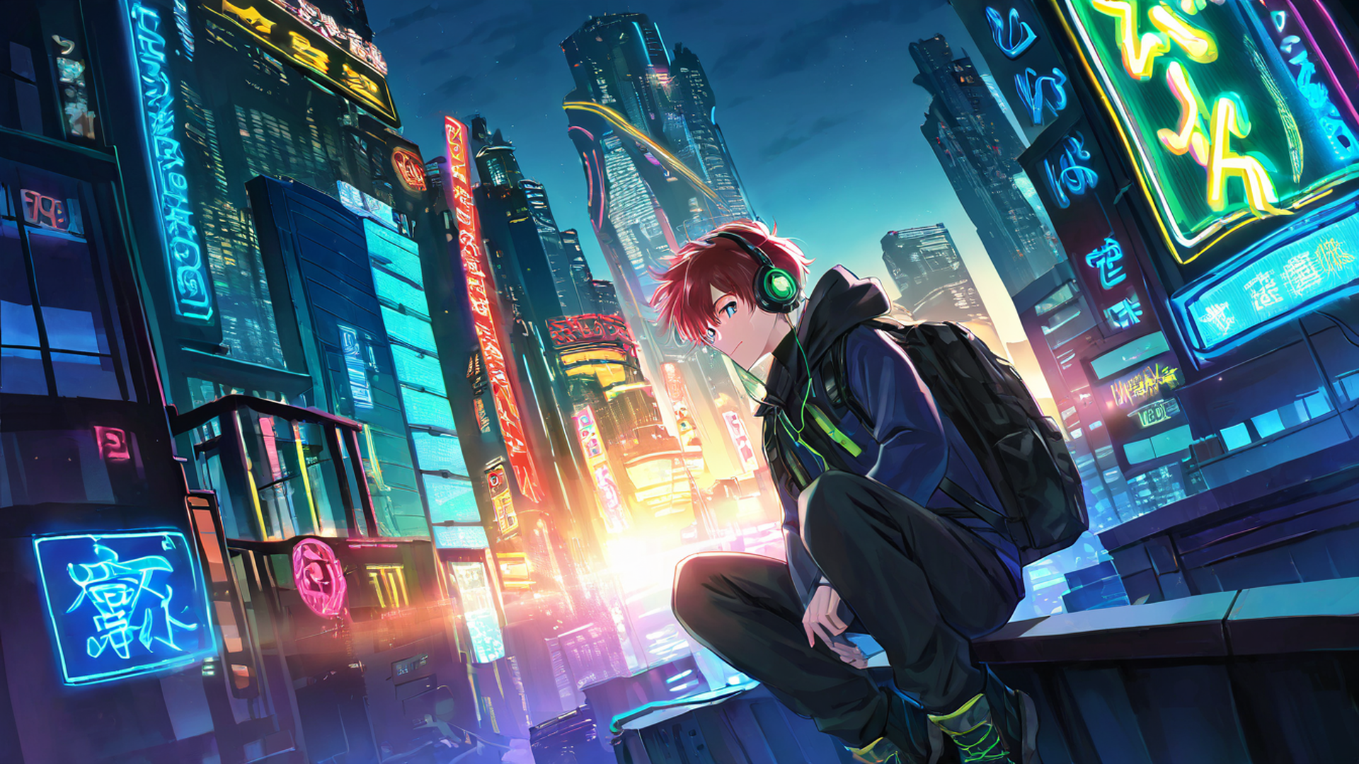 cyberpunk boy rooftop lofi wallpaper