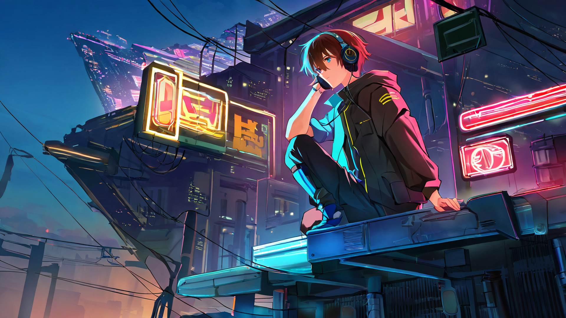 cyberpunk boy rooftop lofi wallpaper