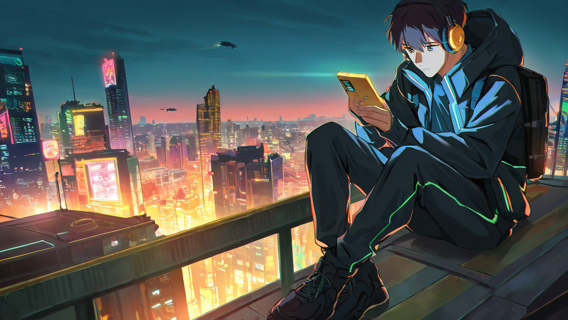 cyberpunk boy rooftop lofi wallpaper