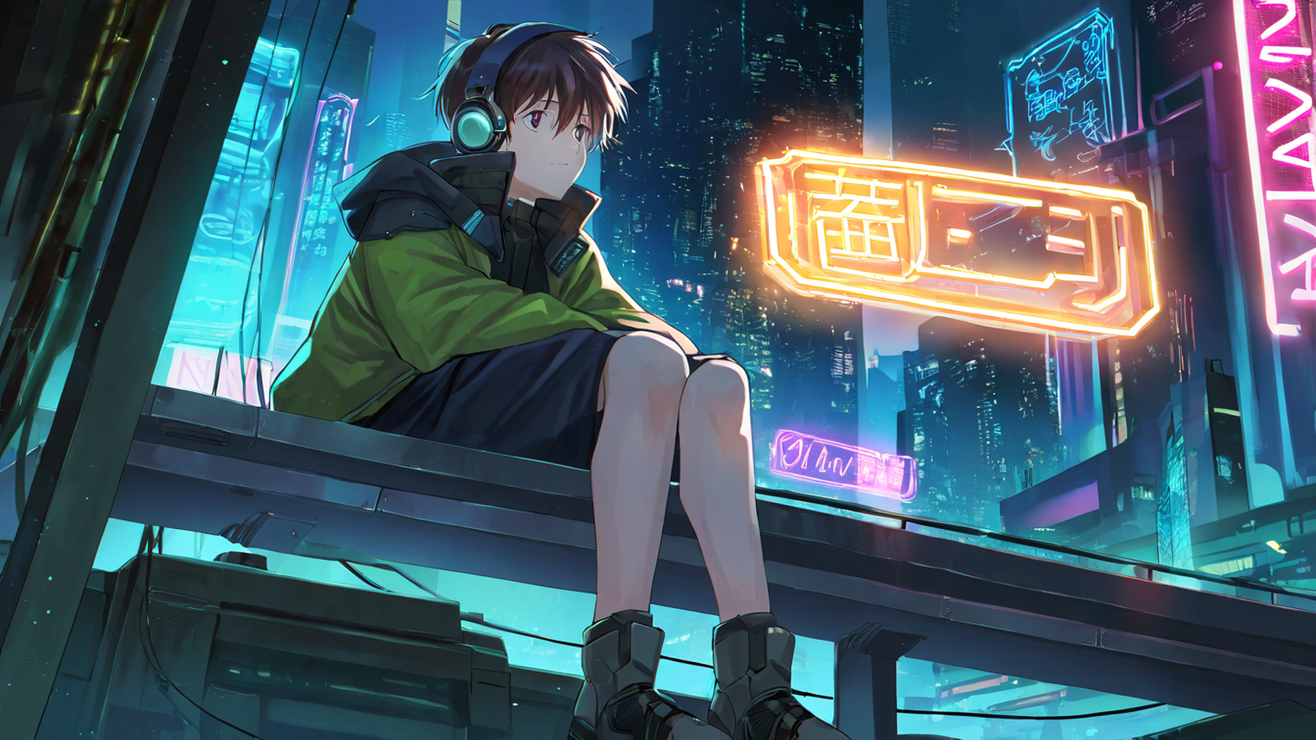 cyberpunk boy rooftop lofi wallpaper
