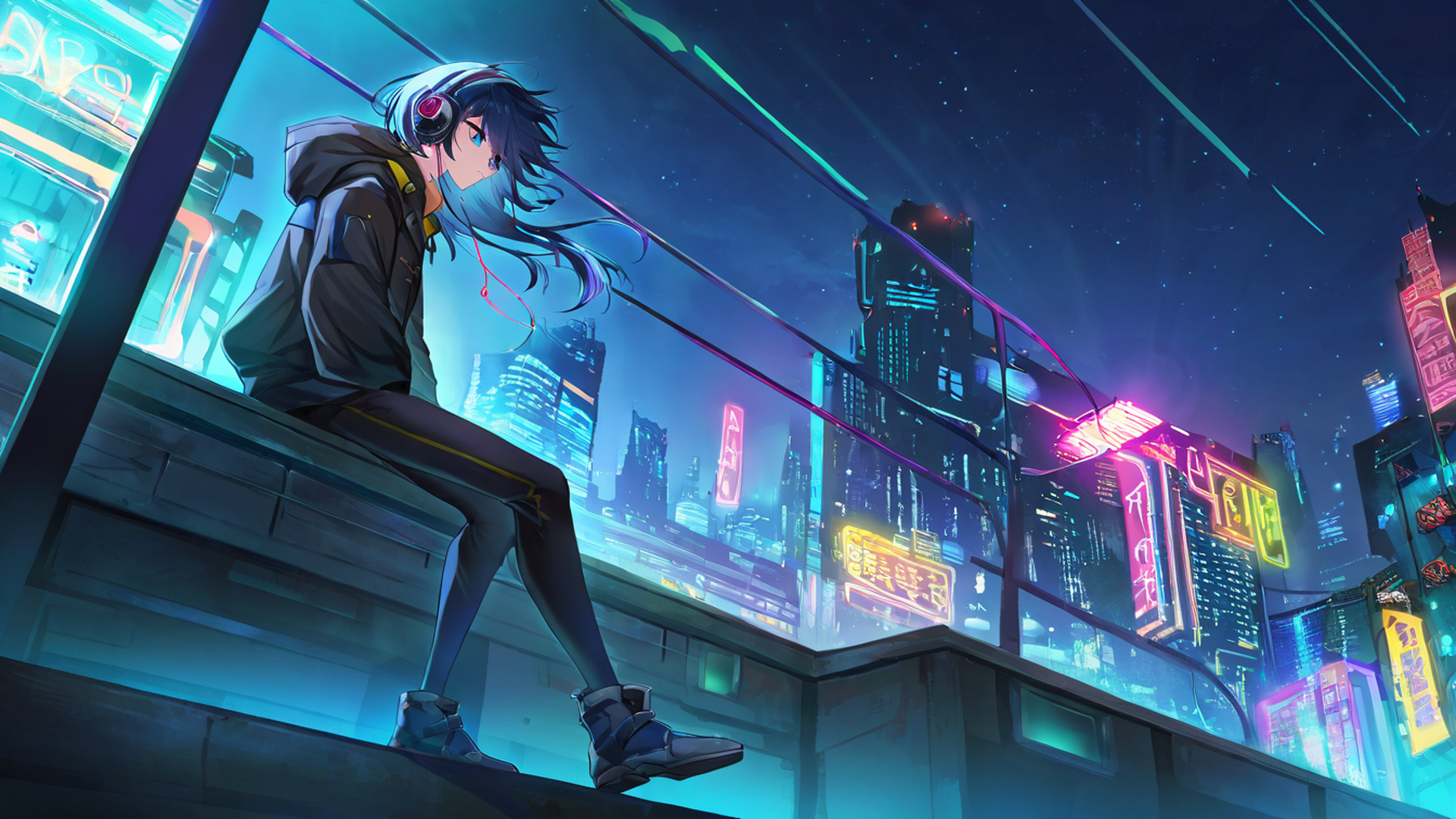 cyberpunk boy rooftop lofi wallpaper