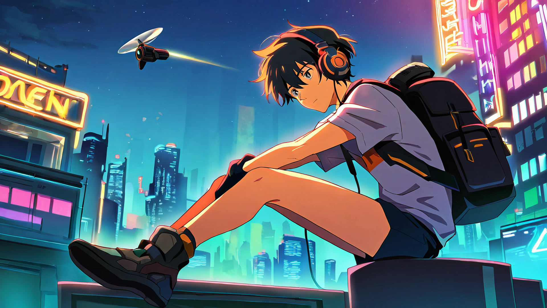 cyberpunk boy rooftop lofi wallpaper