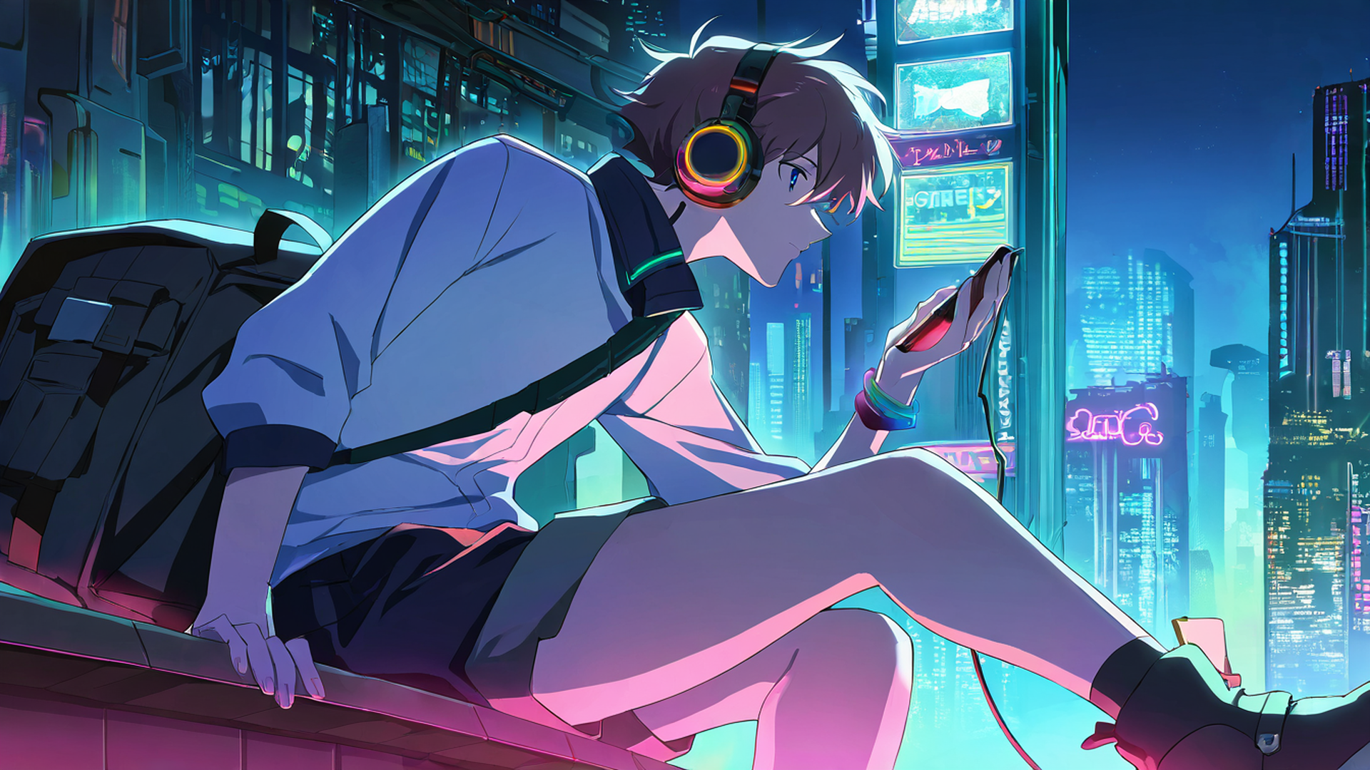 cyberpunk boy rooftop lofi wallpaper