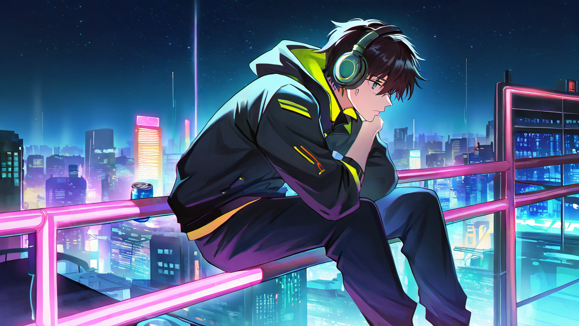 cyberpunk boy rooftop lofi wallpaper