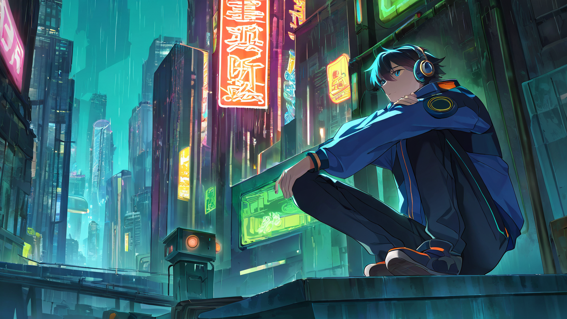 cyberpunk boy rooftop lofi wallpaper