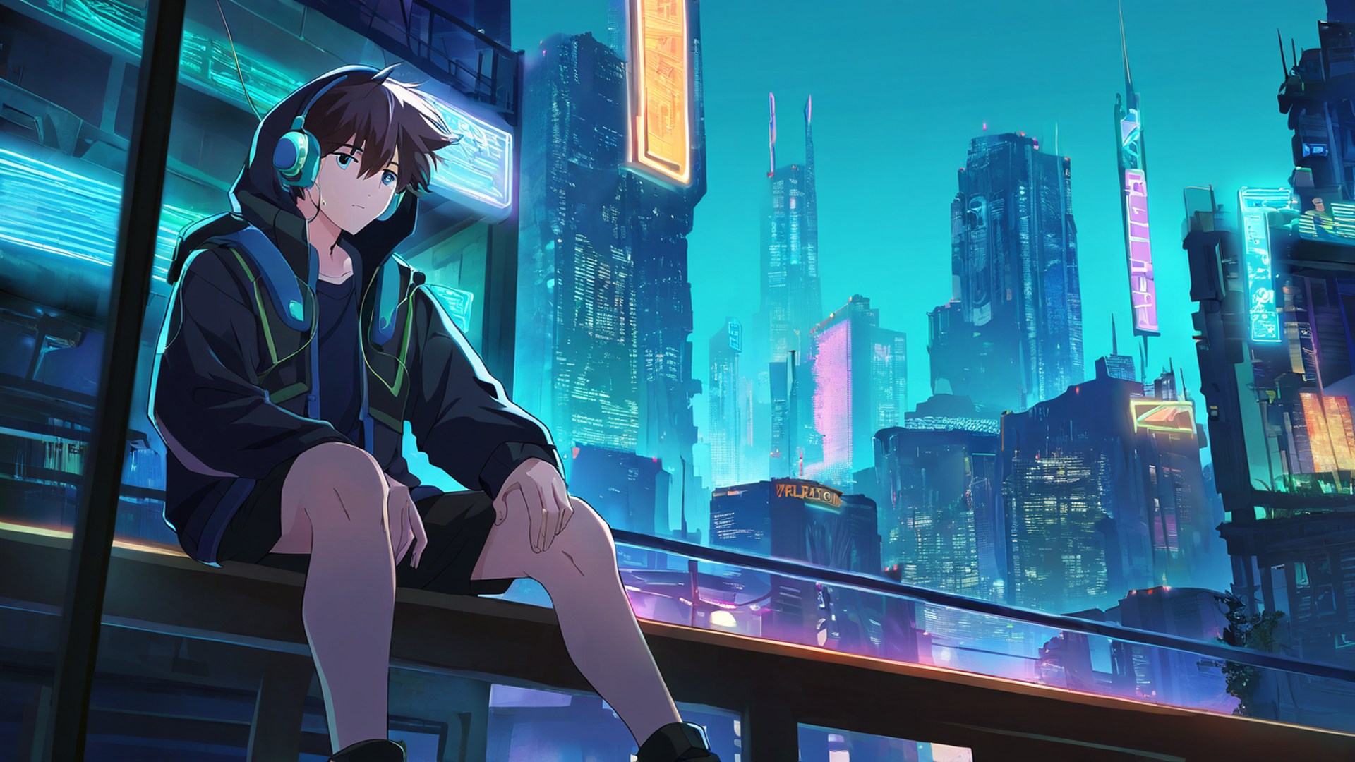 cyberpunk boy rooftop lofi wallpaper