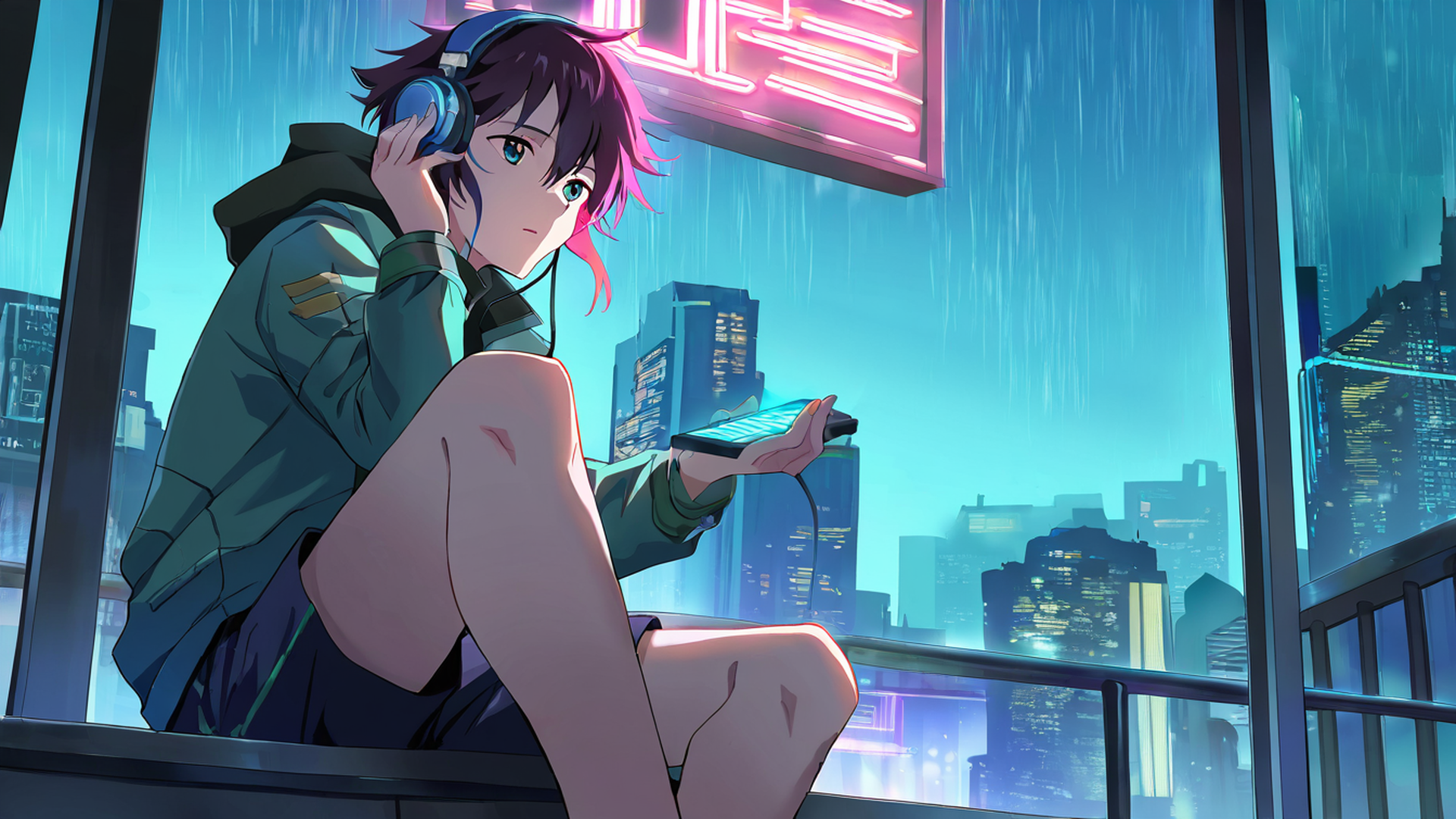 cyberpunk boy rooftop lofi wallpaper
