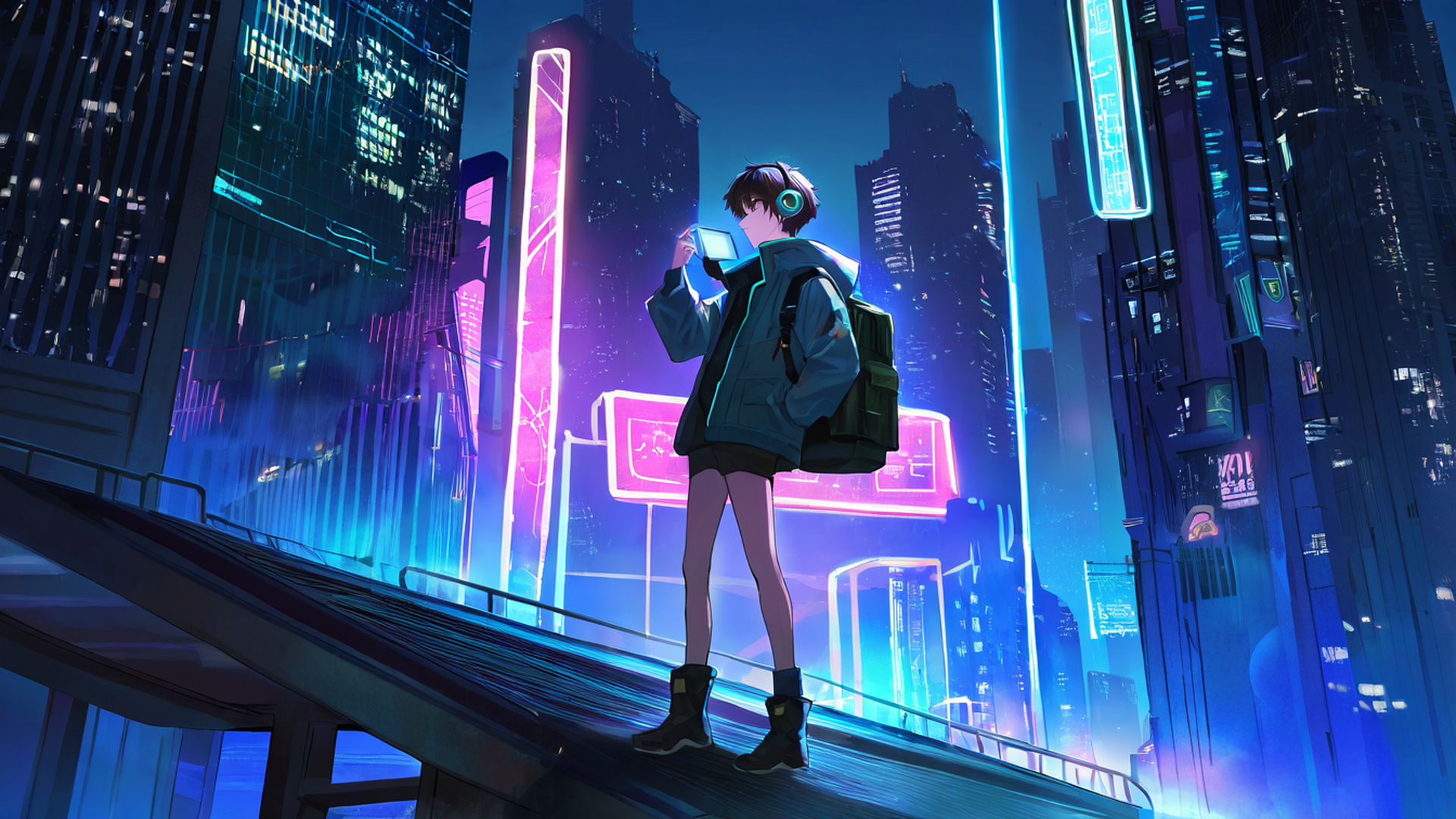 cyberpunk boy rooftop lofi wallpaper