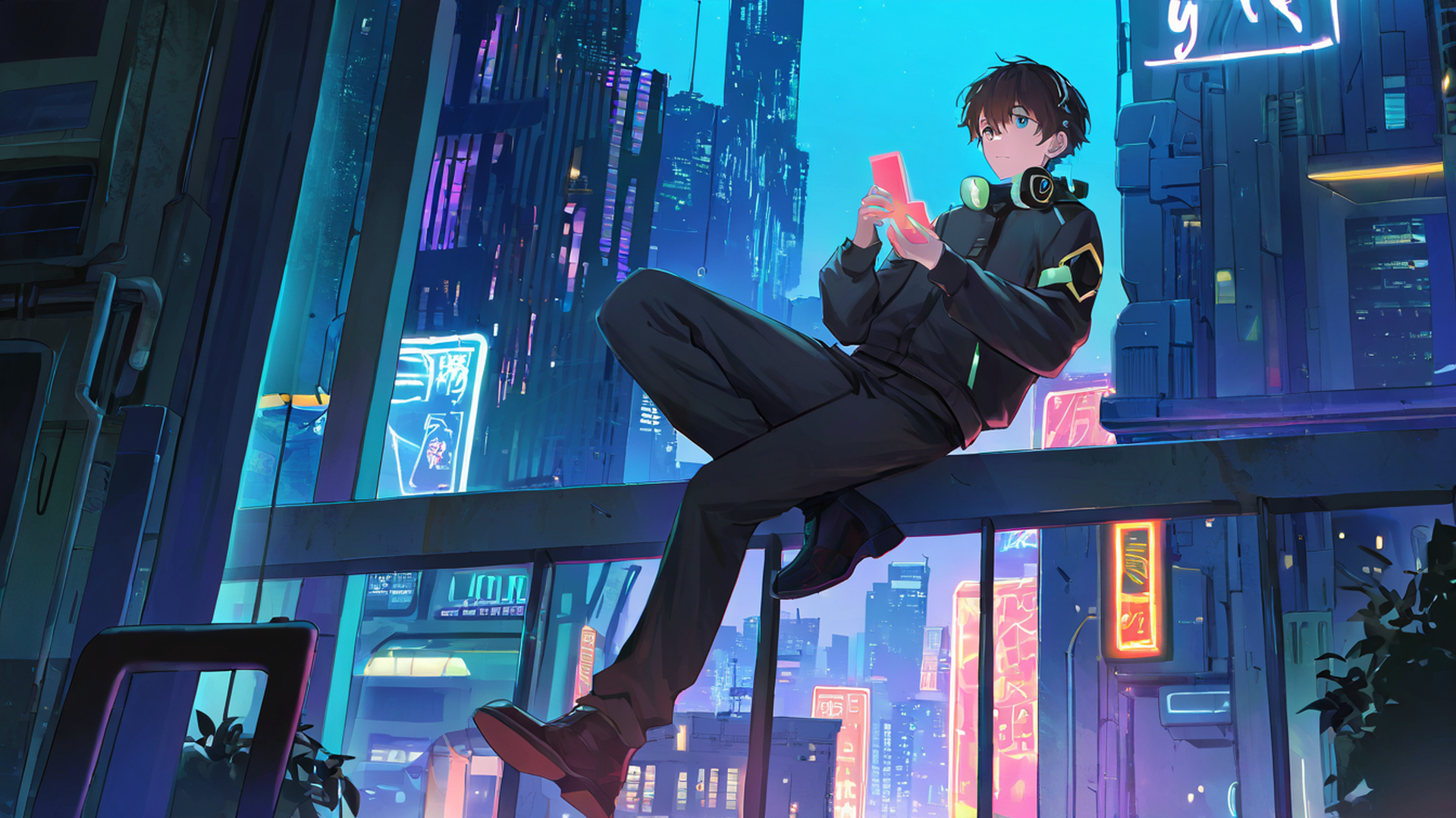 cyberpunk boy rooftop lofi wallpaper