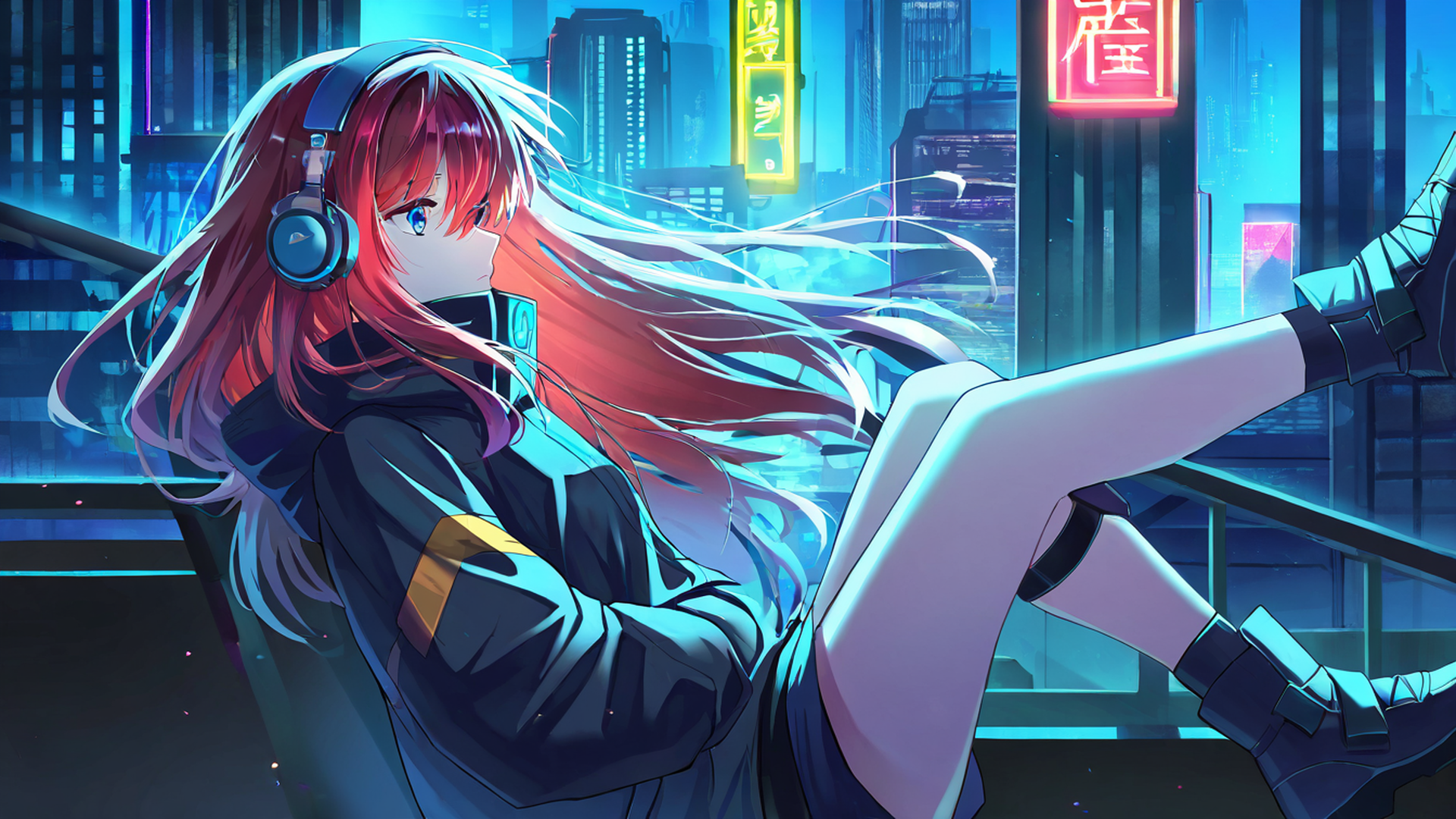 cyberpunk boy rooftop lofi wallpaper