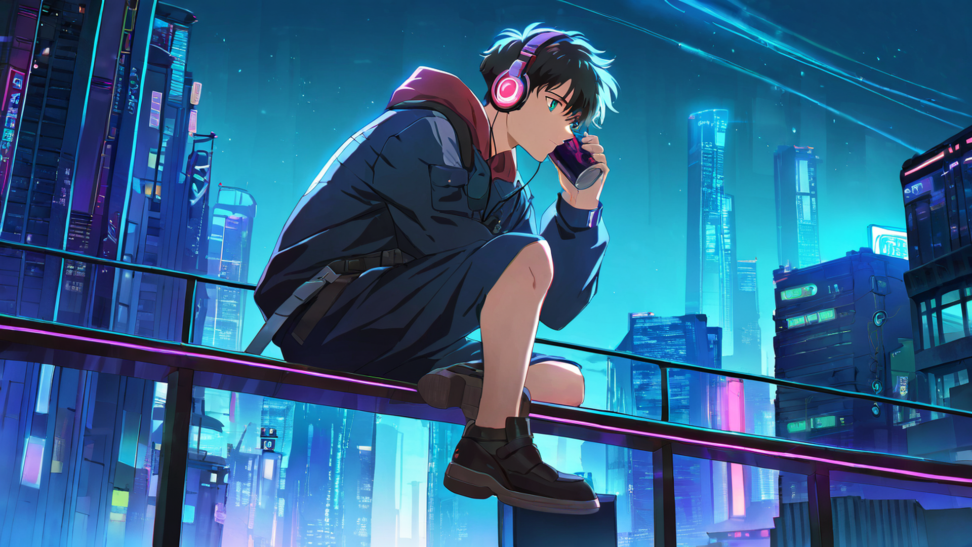 cyberpunk boy rooftop lofi wallpaper